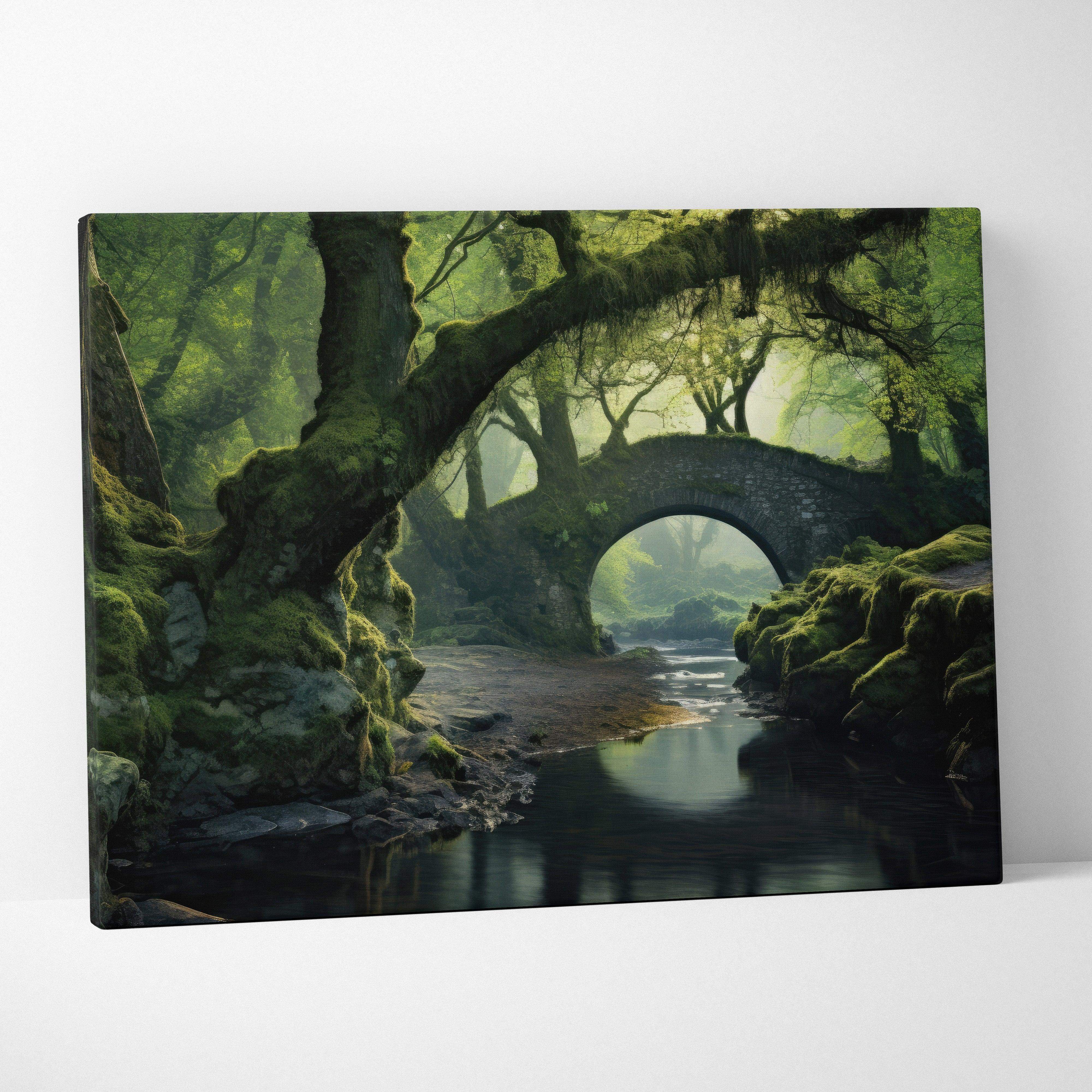 Canvas print of enchanted forest bridge with mossy stone arch and dappled sunlight in serene green tones