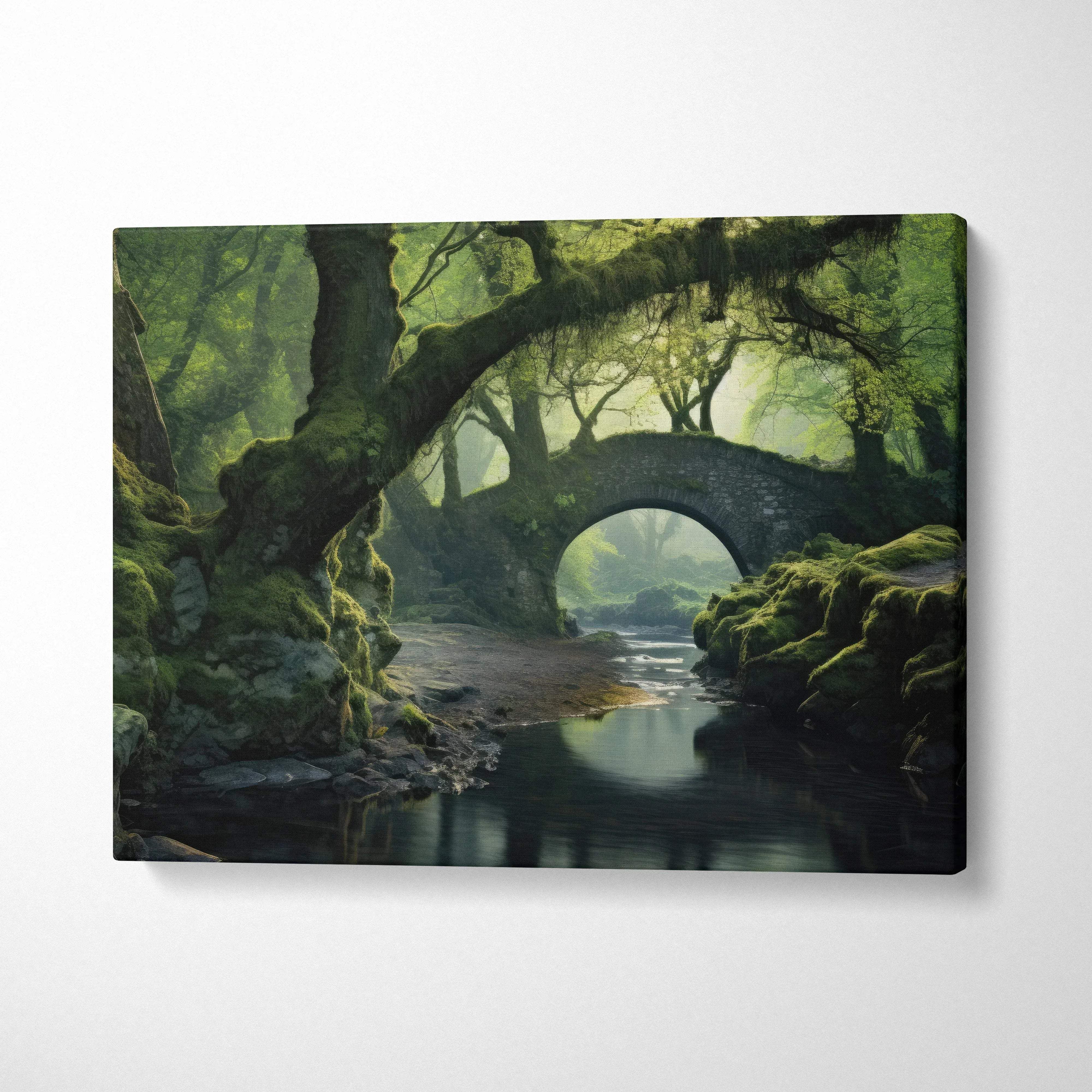 Canvas wall art of serene forest landscape with ancient trees and old stone bridge over calm stream.