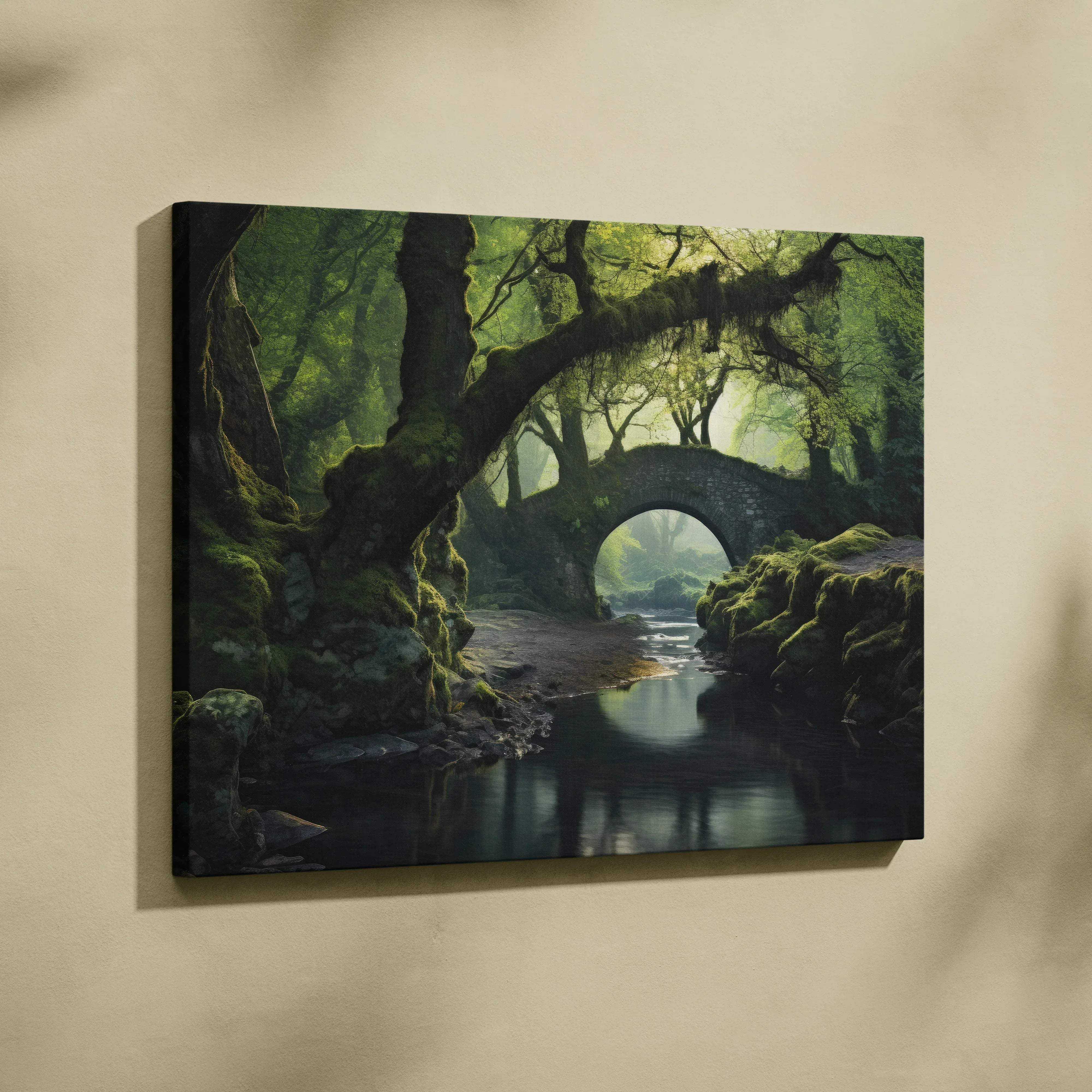 Enchanted forest bridge canvas wall art featuring a moss-covered stone arch bridge in serene green tones hanging on a wall