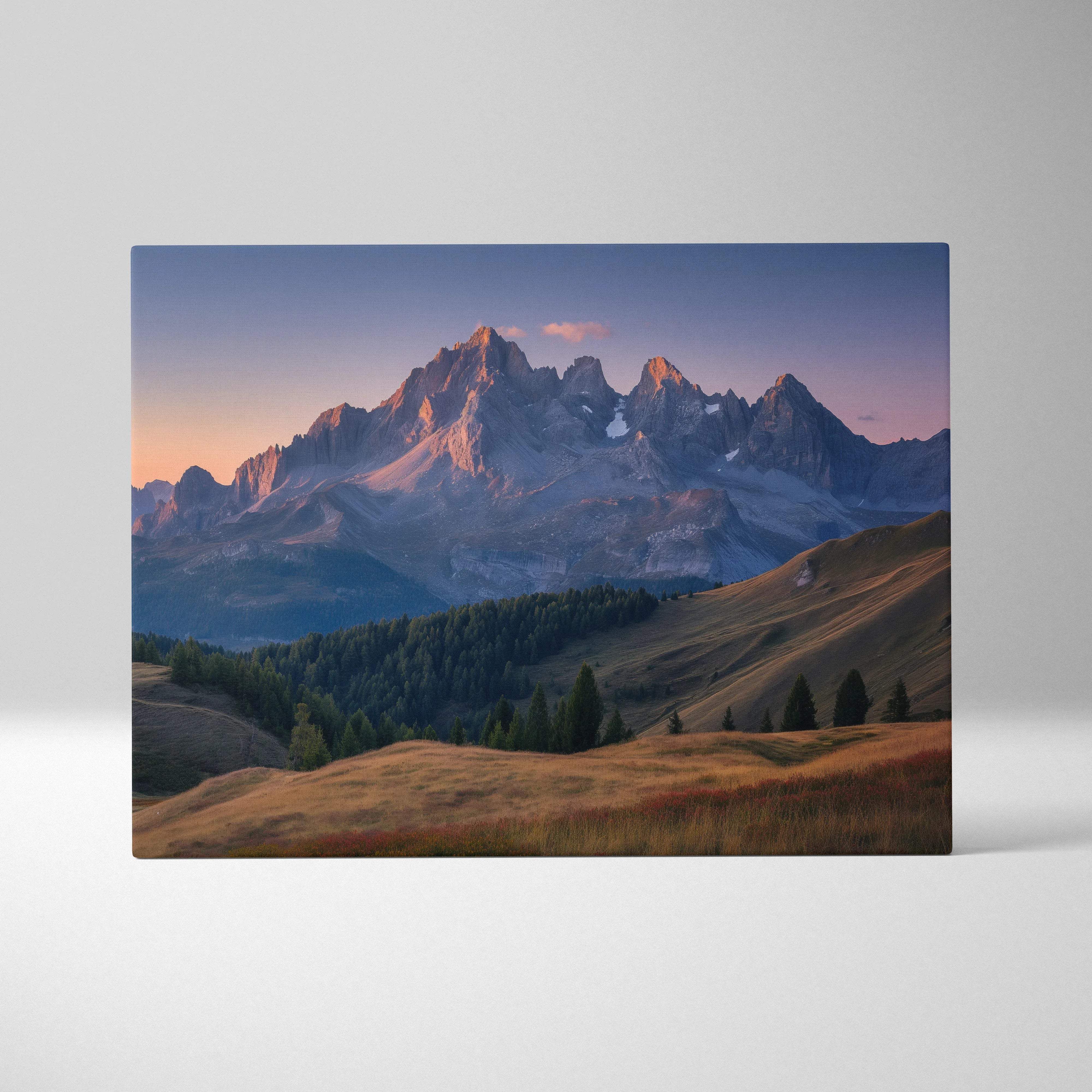 Canvas print of majestic mountain range at golden hour sunset with lavender sky