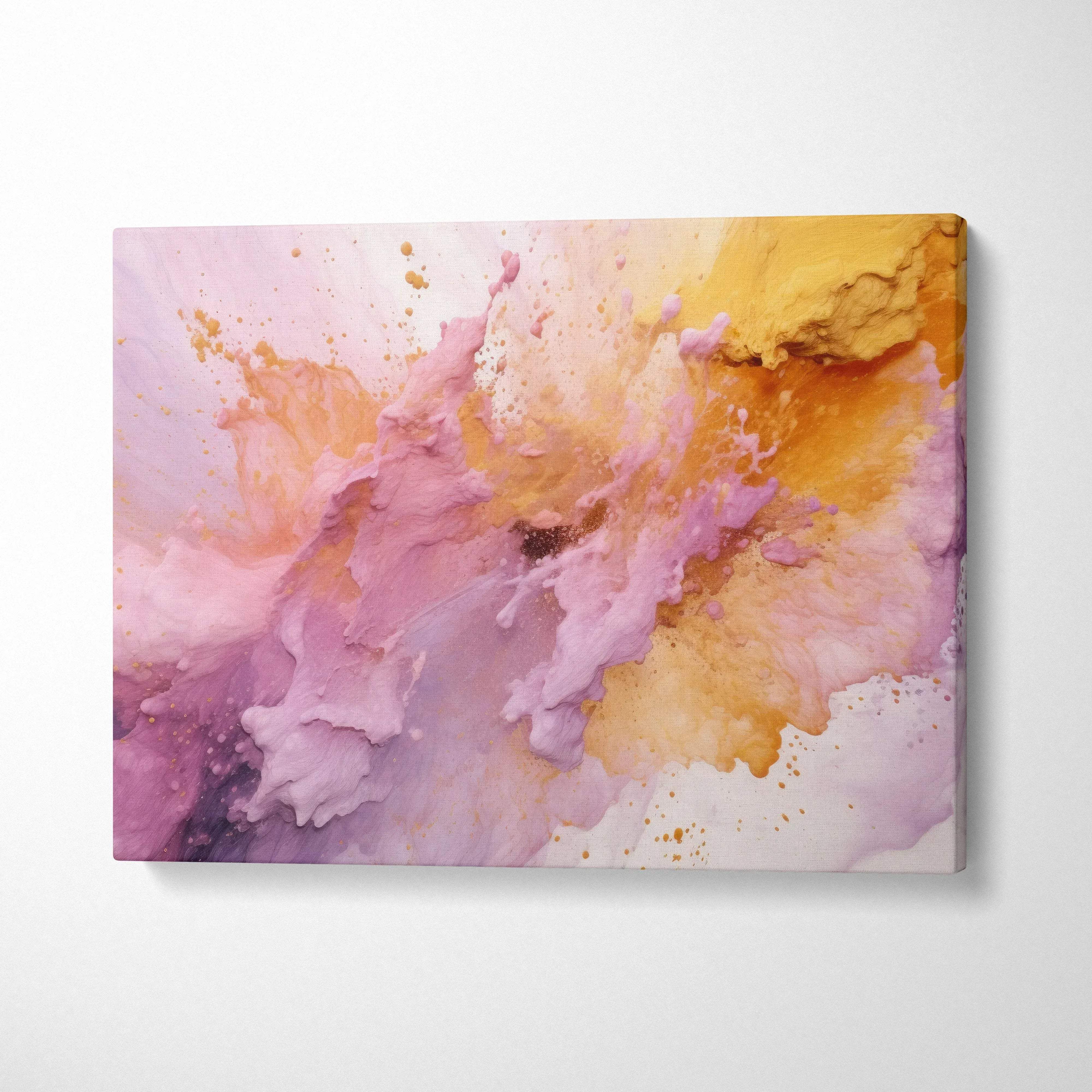 Abstract canvas wall art with pink and yellow watercolor textures on digital canvas art print.