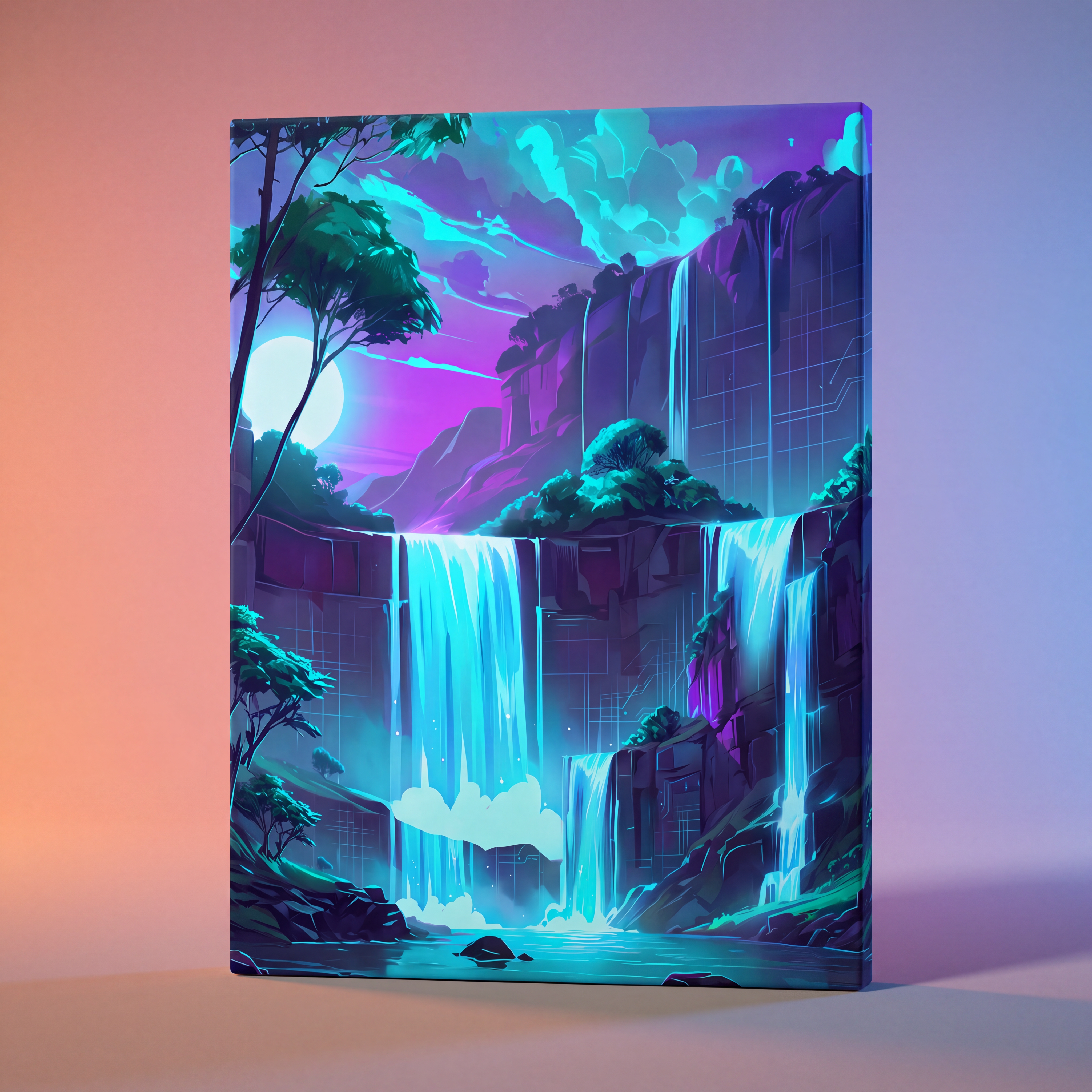 Vibrant neon cyberpunk waterfall landscape canvas print with glowing turquoise cascades, purple mountains, and a radiant moon against a gradient sky.