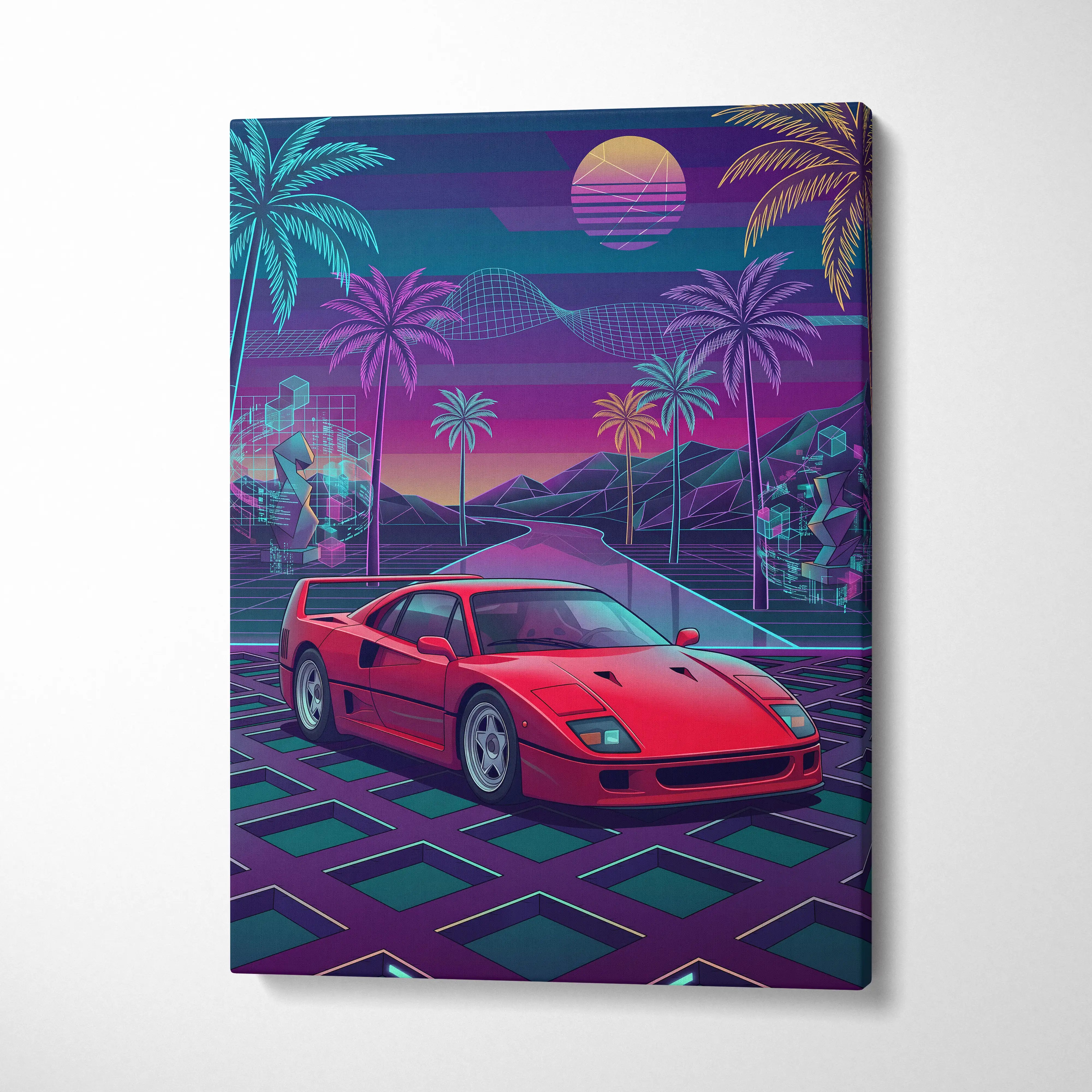 Ferrari F40 Inspired, Vaporwave Neon Palm Sunset - Car Art Neon Pink Blue Purple Retro Futurism, Nostalgic Mood