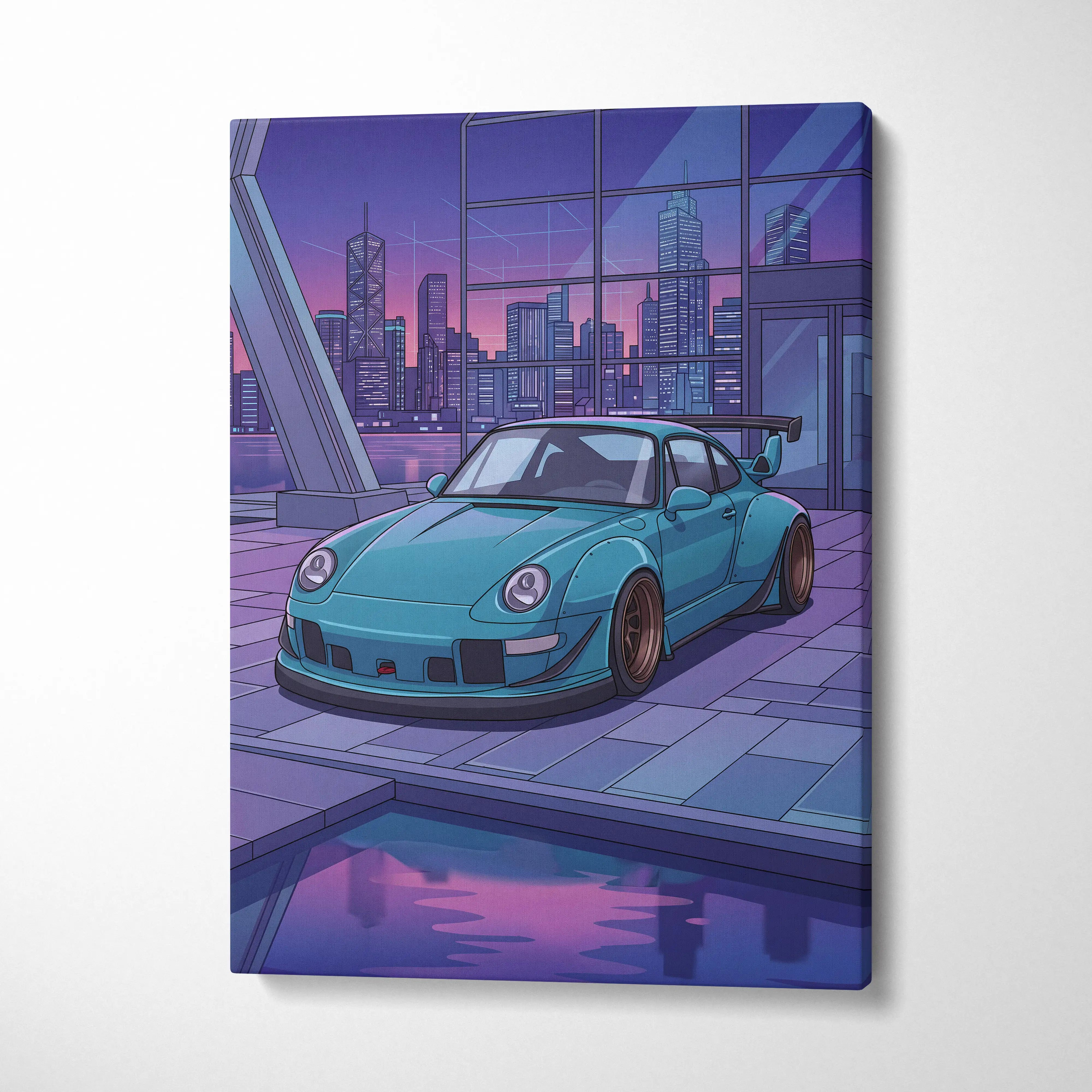 RWB Widebody Porsche 911 Inspired Neon Vaporwave City Canvas Art - Car Art Purple Teal Living Room Decor Vaporwave Canvas Print