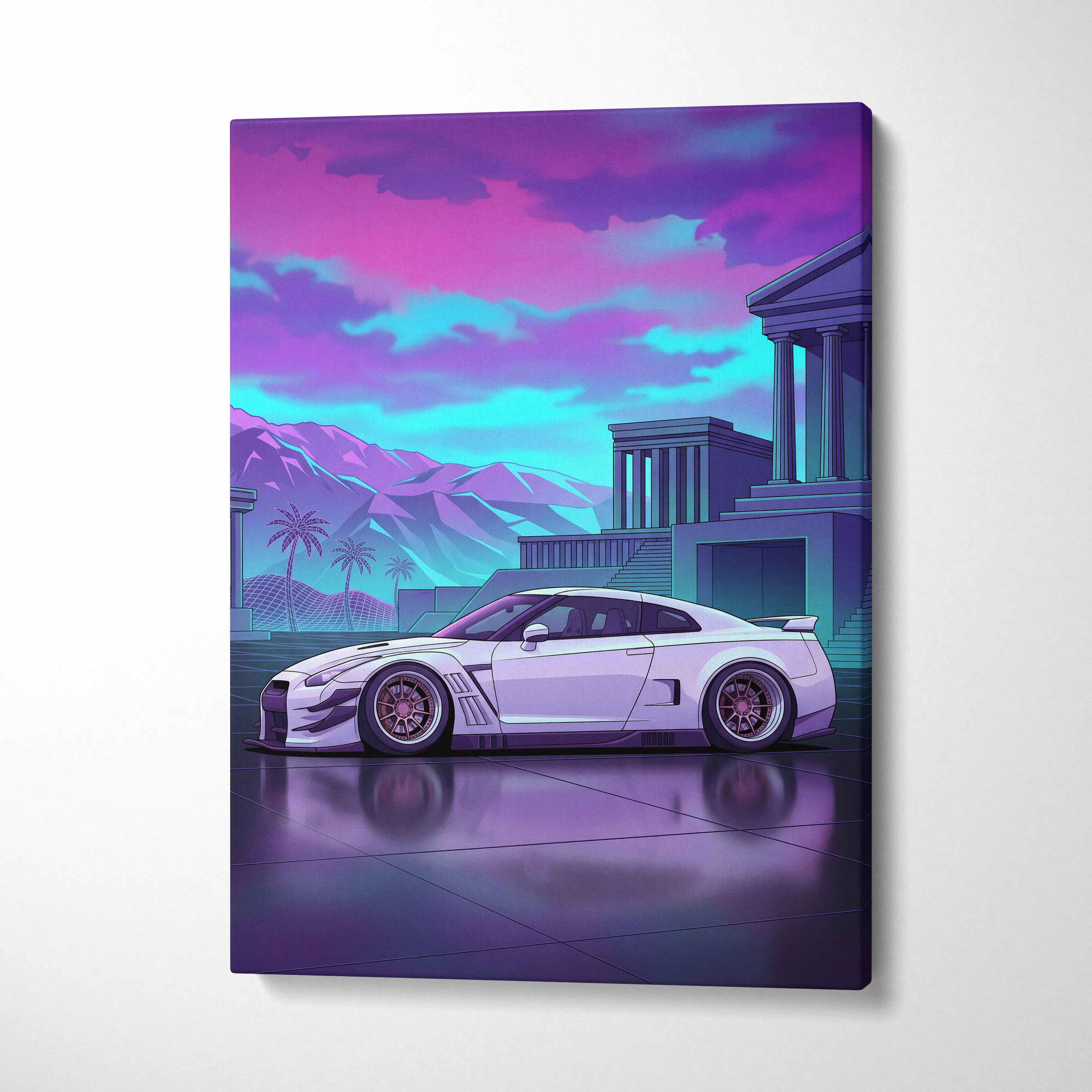 Nissan GT-R R35 Inspired Vaporwave Neon Car - Car Pink Purple Blue Living Room Vaporwave Nostalgic Futurist Canvas