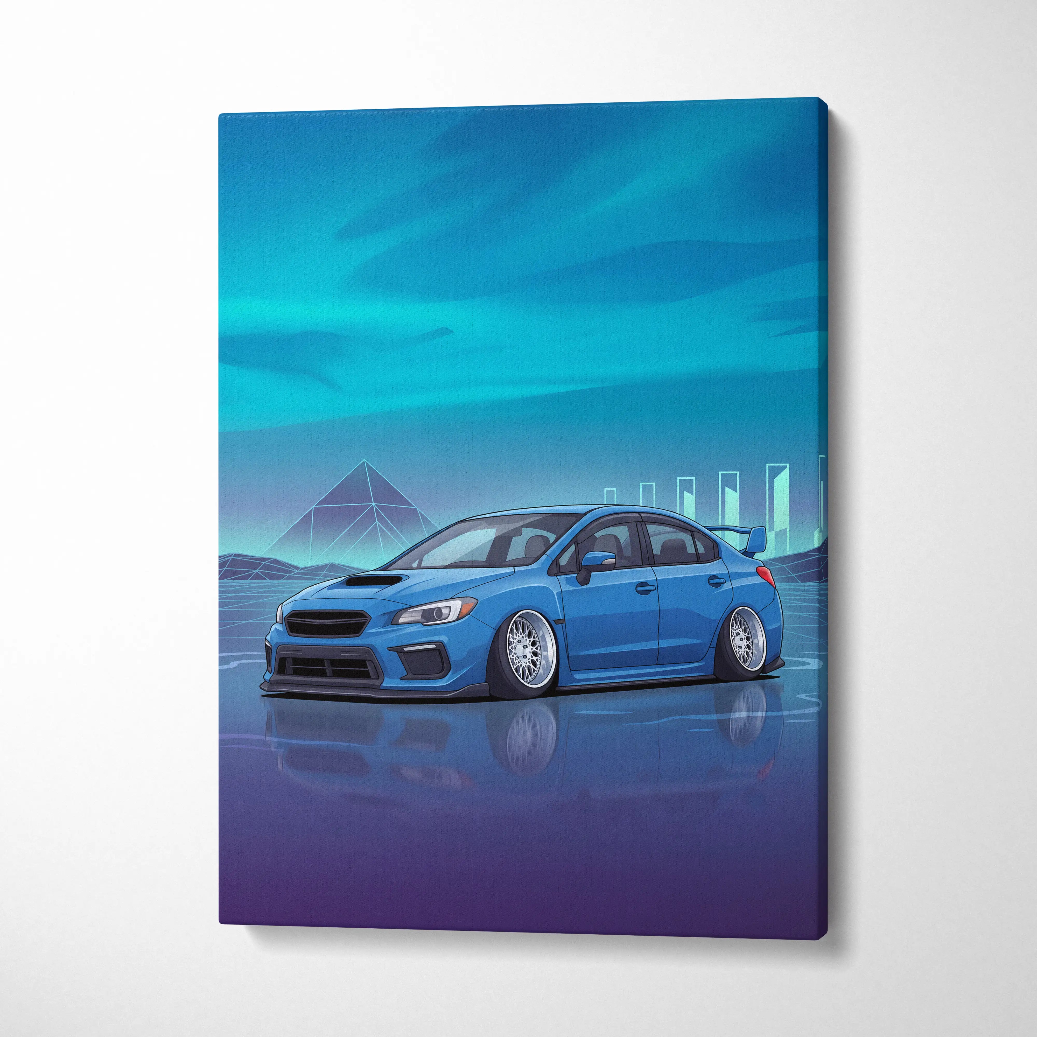 Slammed Subaru WRX STI Inspired Neon Vaporwave Car Canvas - Car Art, Neon Blues, Living Room Decor, Vaporwave