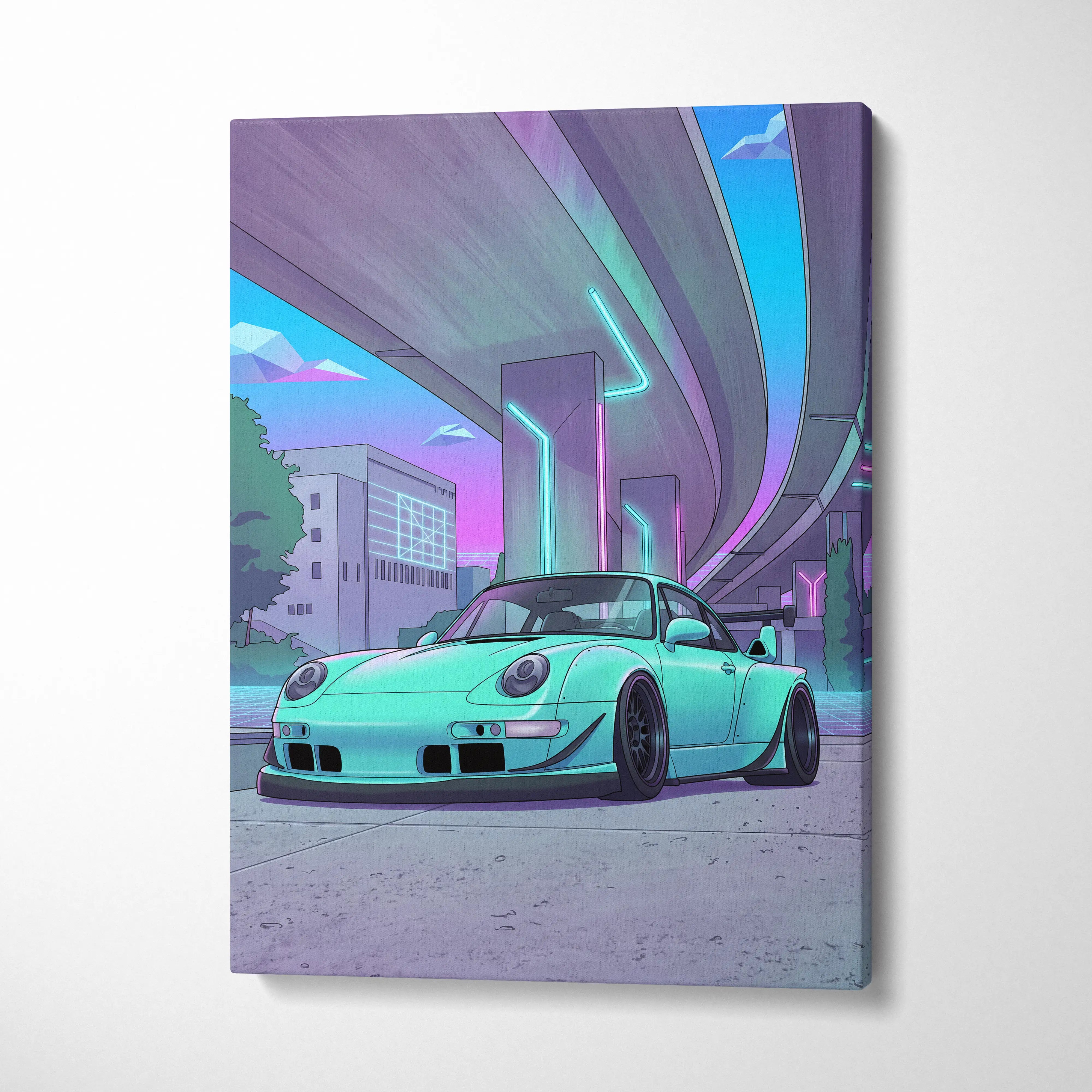 RWB Porsche 911 Inspired Neon Vaporwave Car Canvas - 911 Car Artwork Neon Pink Teal Nostalgic Mood Retro-Futuristic Canvas