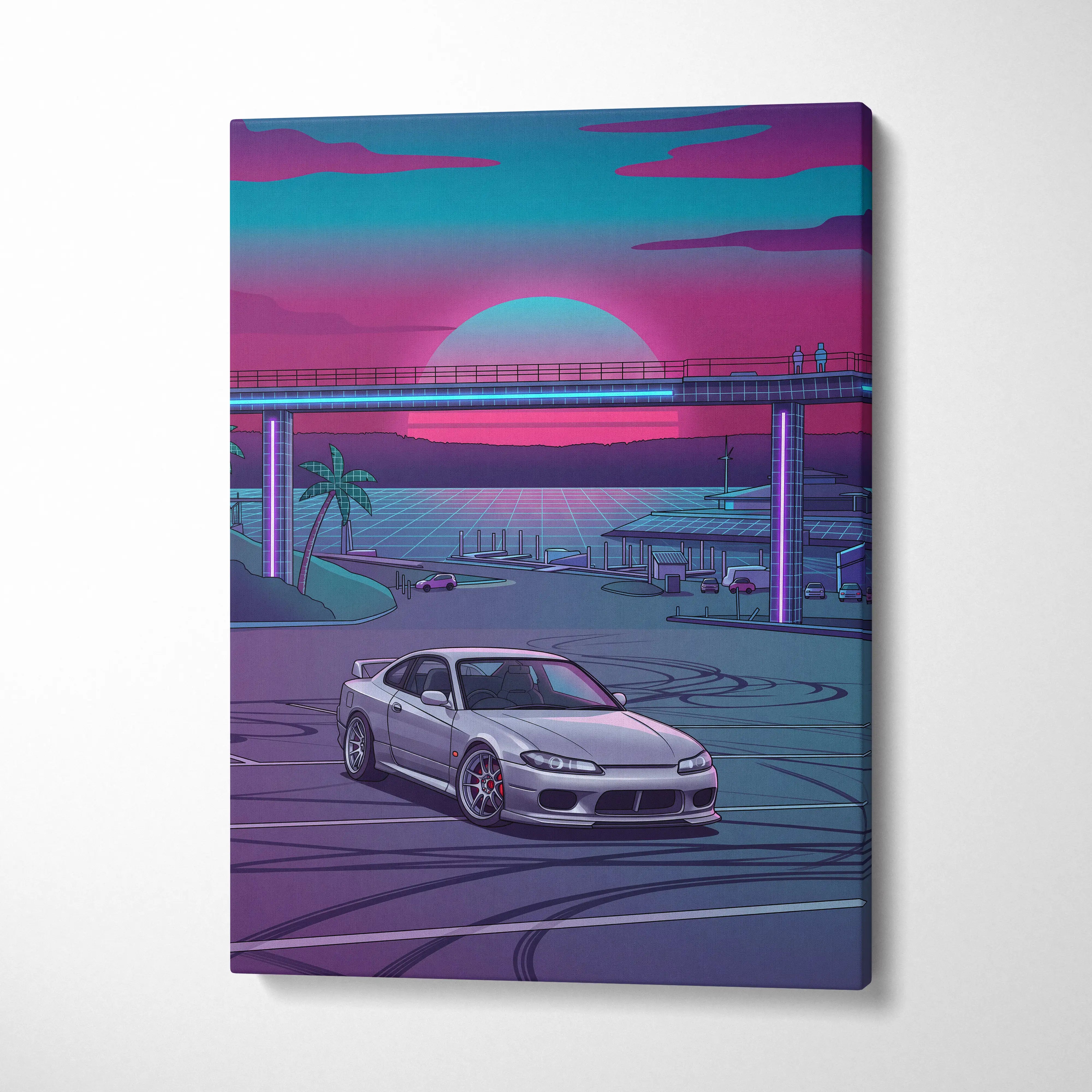 Nissan S15 Silvia Inspired Neon Retro Skyline Drive - Vaporwave Art Neon Pink Nostalgic Mood Neon City Decor Canvas Print