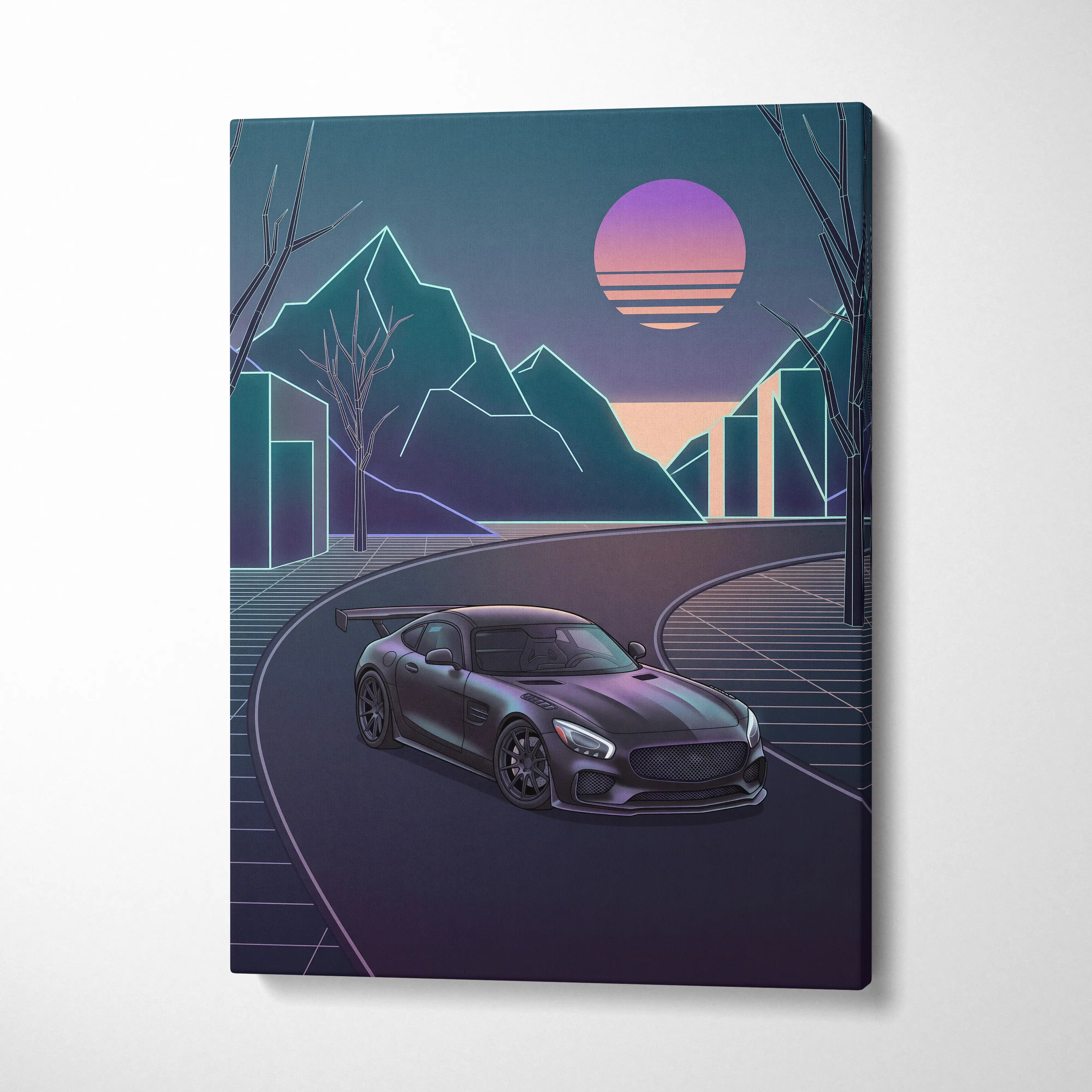 Mercedes AMG GTR Inspired Neon Sunset Dreamscape - Vaporwave Car Canvas Art Neon Pink Teal For Living Room Retro Futurism