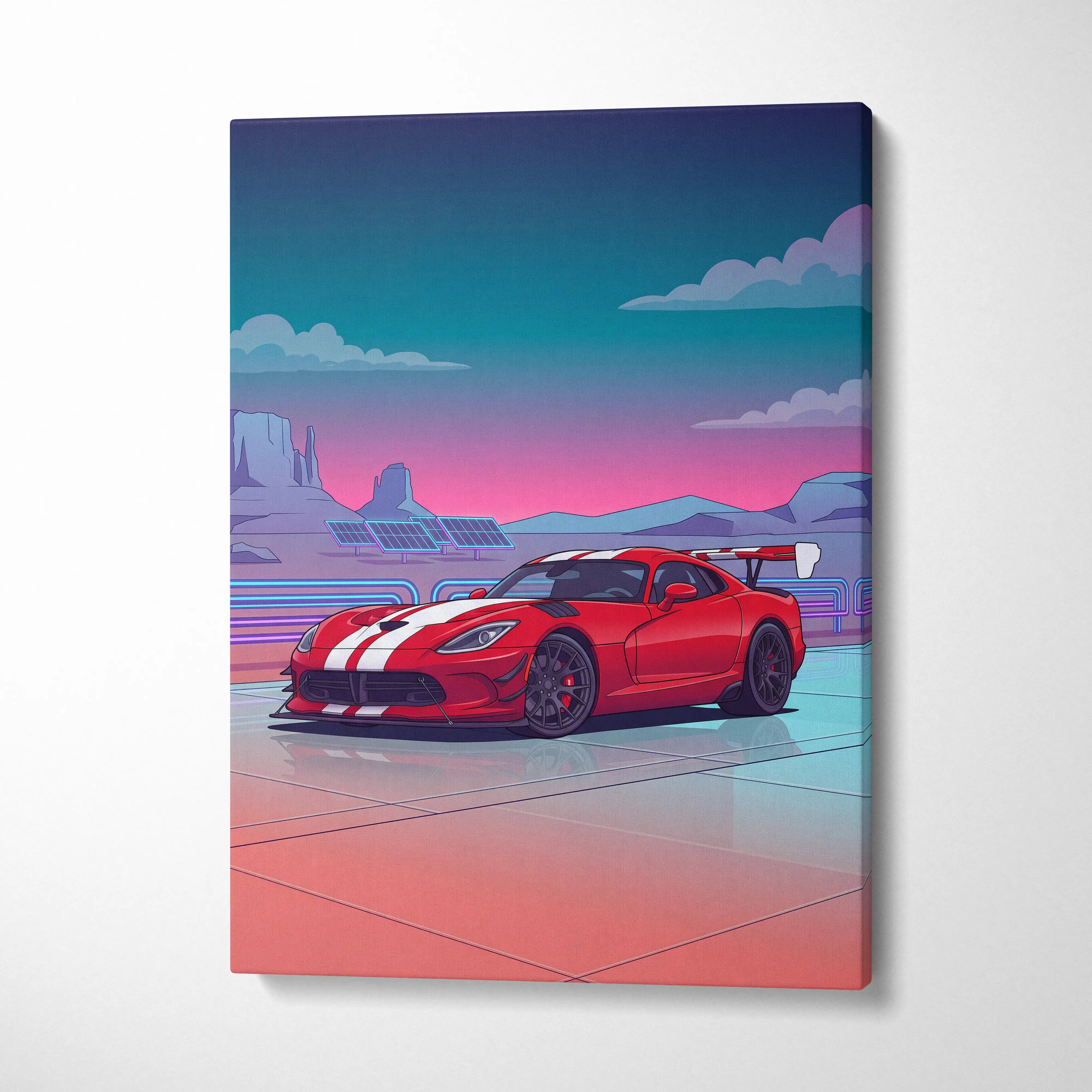 Dodge Viper ACR Inspired Neon Vaporwave Car Art - Pink Teal Car Art For Living Room Decor Retro Futurism Canvas Mood