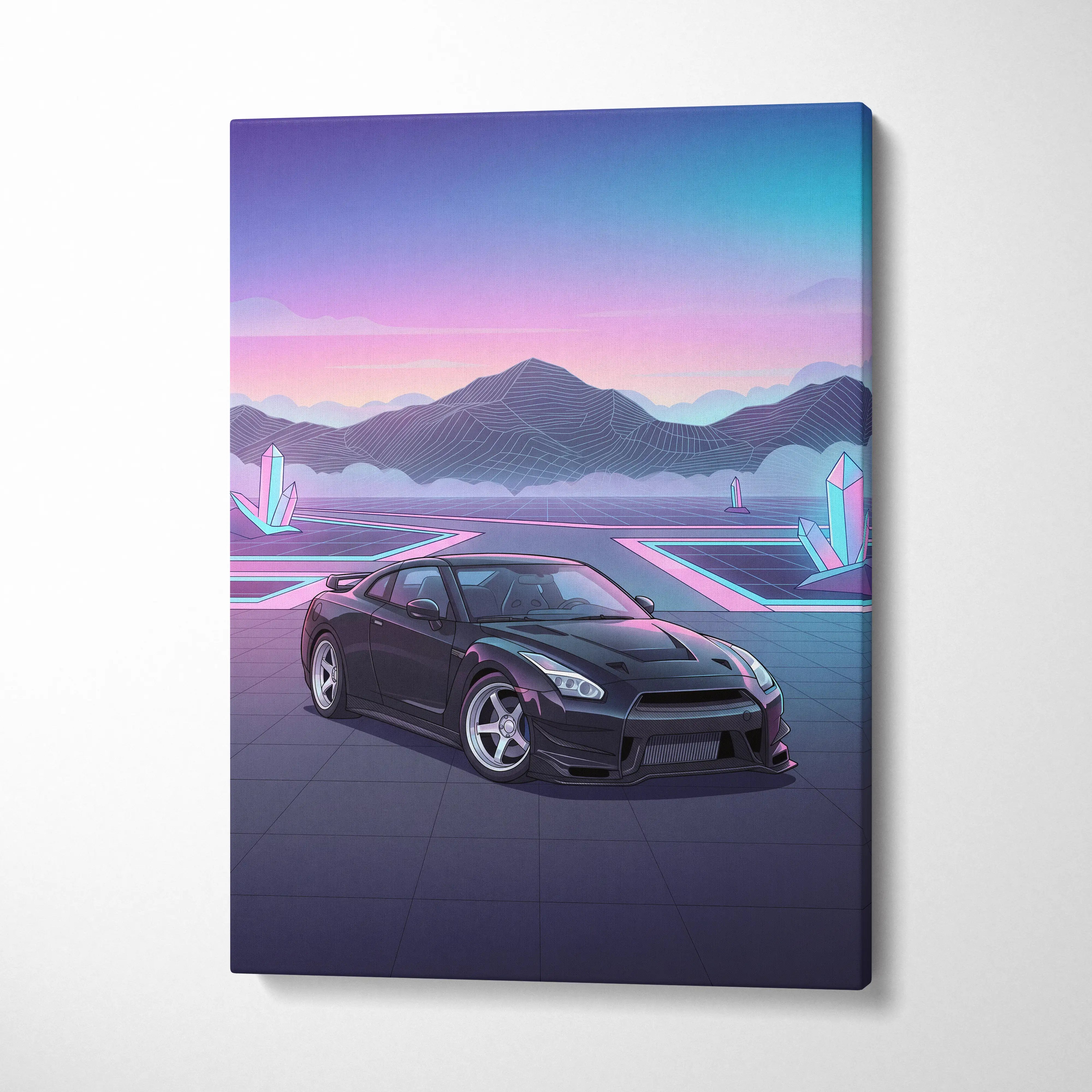 Nissan R35 GTR Inspired Vaporwave Neon Car Art - Automotive Art Neon Pink Purple Dreamy Synthwave Canvas