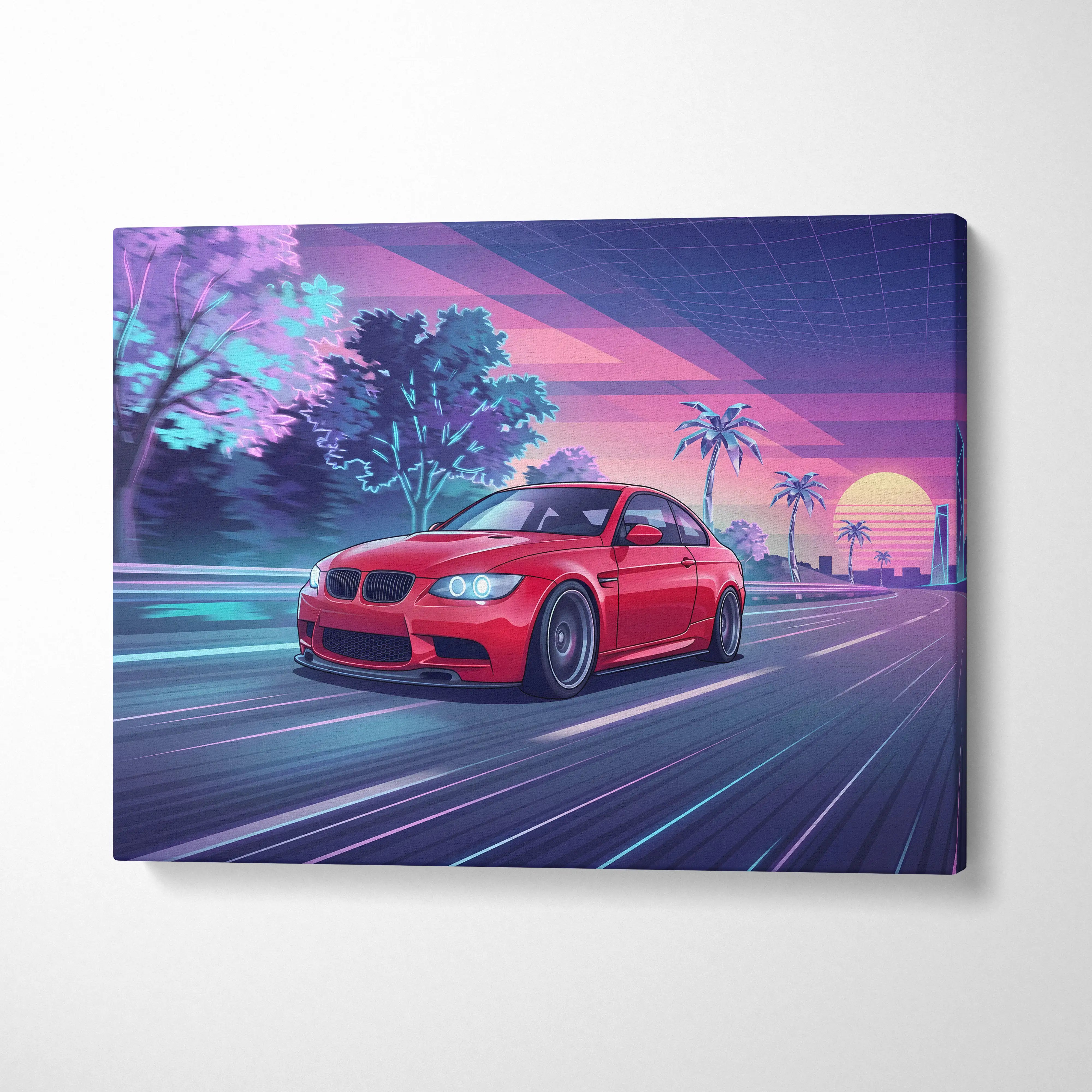 BMW M3 Inspired Neon Sunset Drive Canvas - Car Art Neon Pink Purple Living Room Decor Vaporwave Retro-Futurism - Nostalgic Mood Canvas