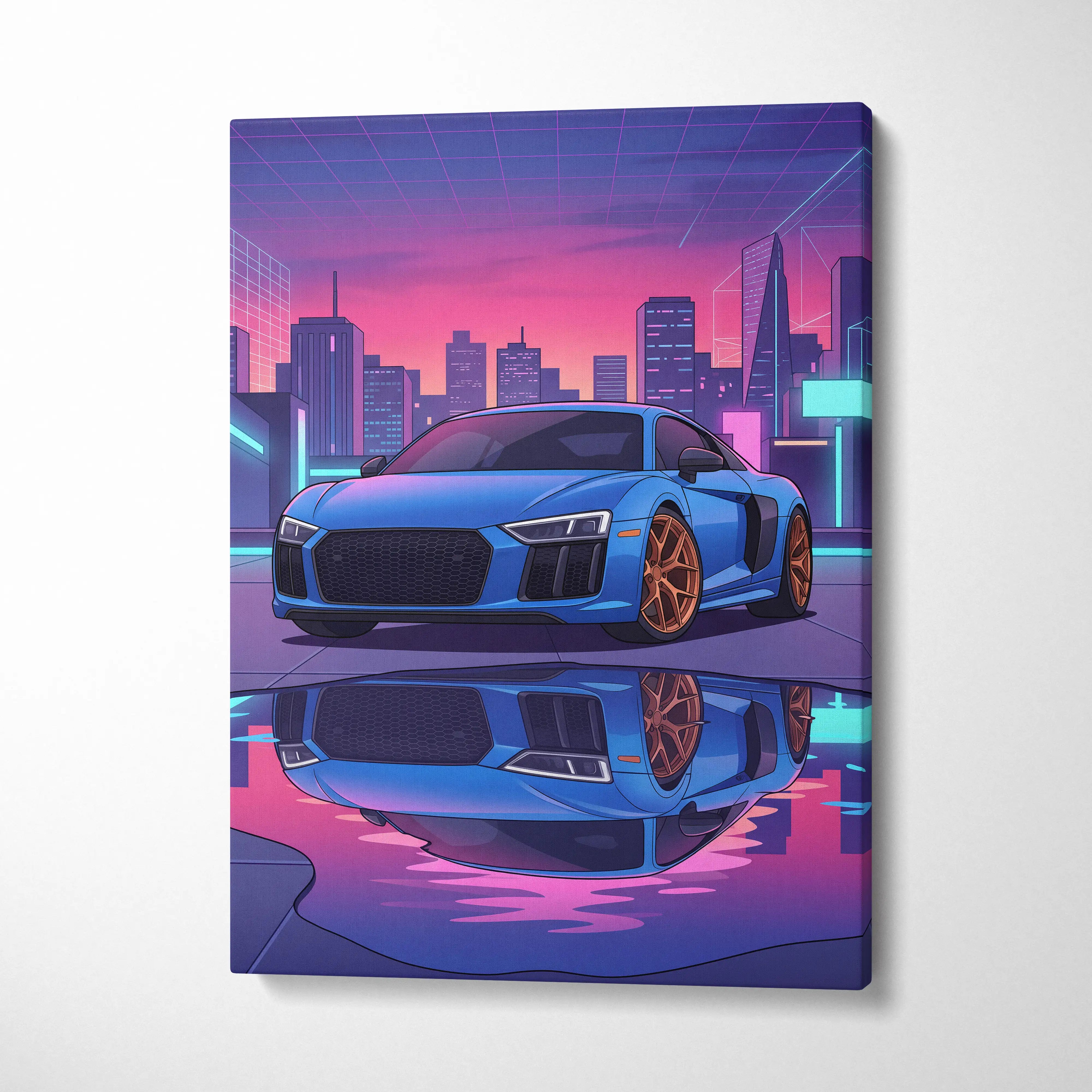 Audi R8 Inspired Neon Vapor City Car Art - Car Art Blue Pink Purple Living Room Decor Vaporwave