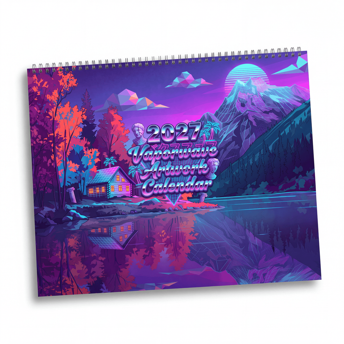 Vibrant neon purple and pink vaporwave 2027 wall calendar with spiral binding featuring retro futuristic art designs