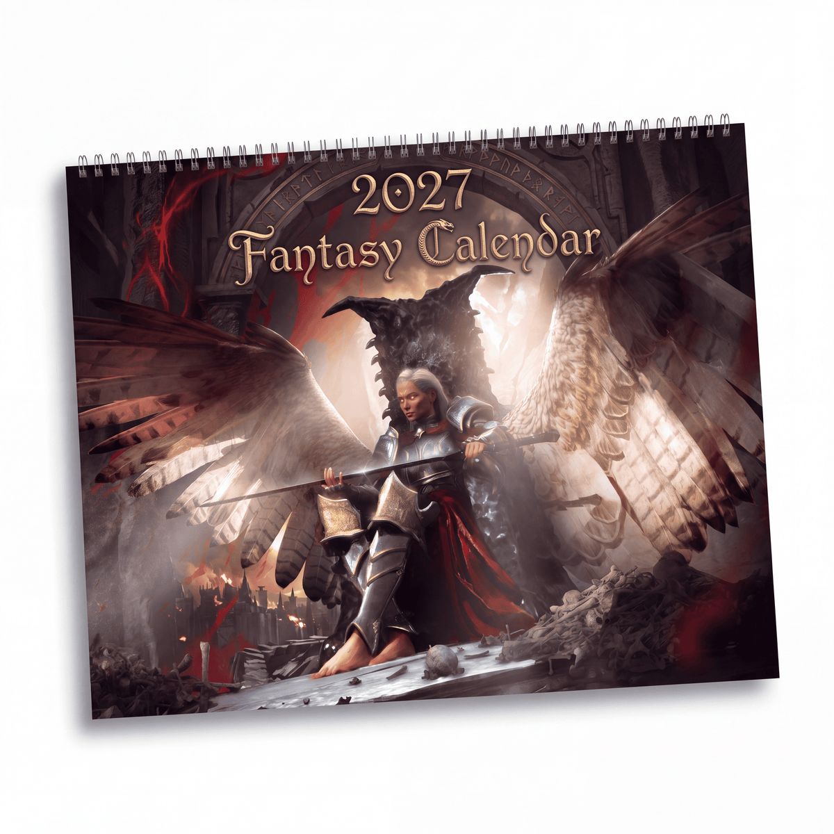 2027 fantasy artwork calendar with a warrior in silver armor and red cape before massive wings spiral bound