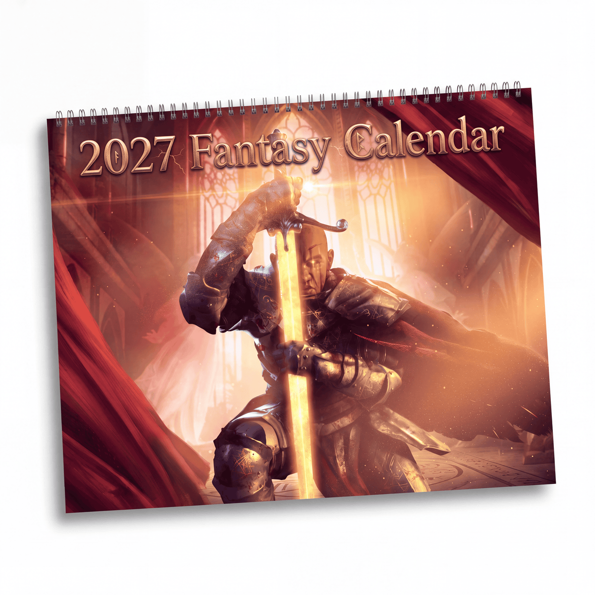 2027 fantasy character artwork wall calendar featuring a warrior in dark armor with a glowing sword and golden light backdrop