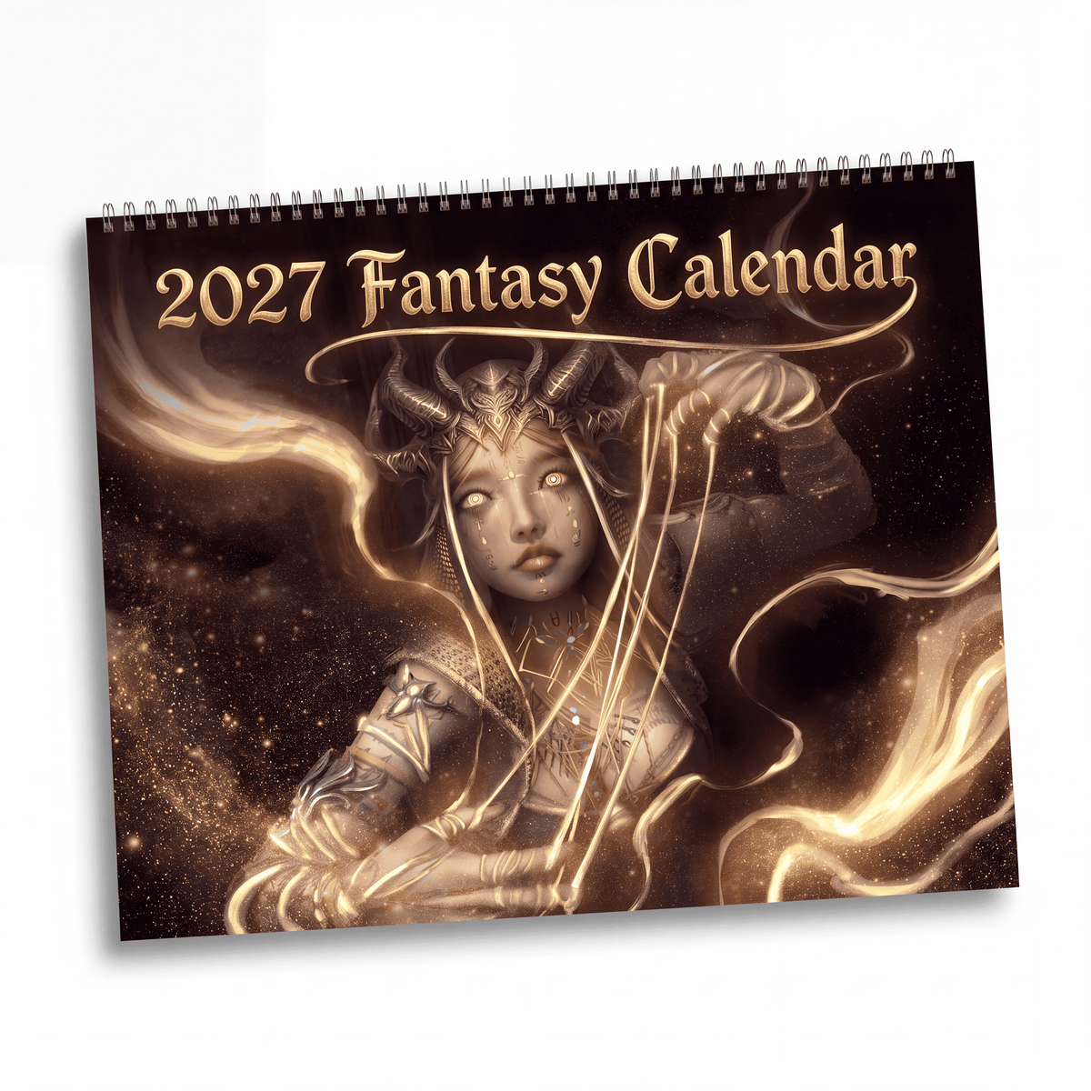 2027 fantasy character art wall calendar featuring a golden and dark illustrated horned figure with spiral binding