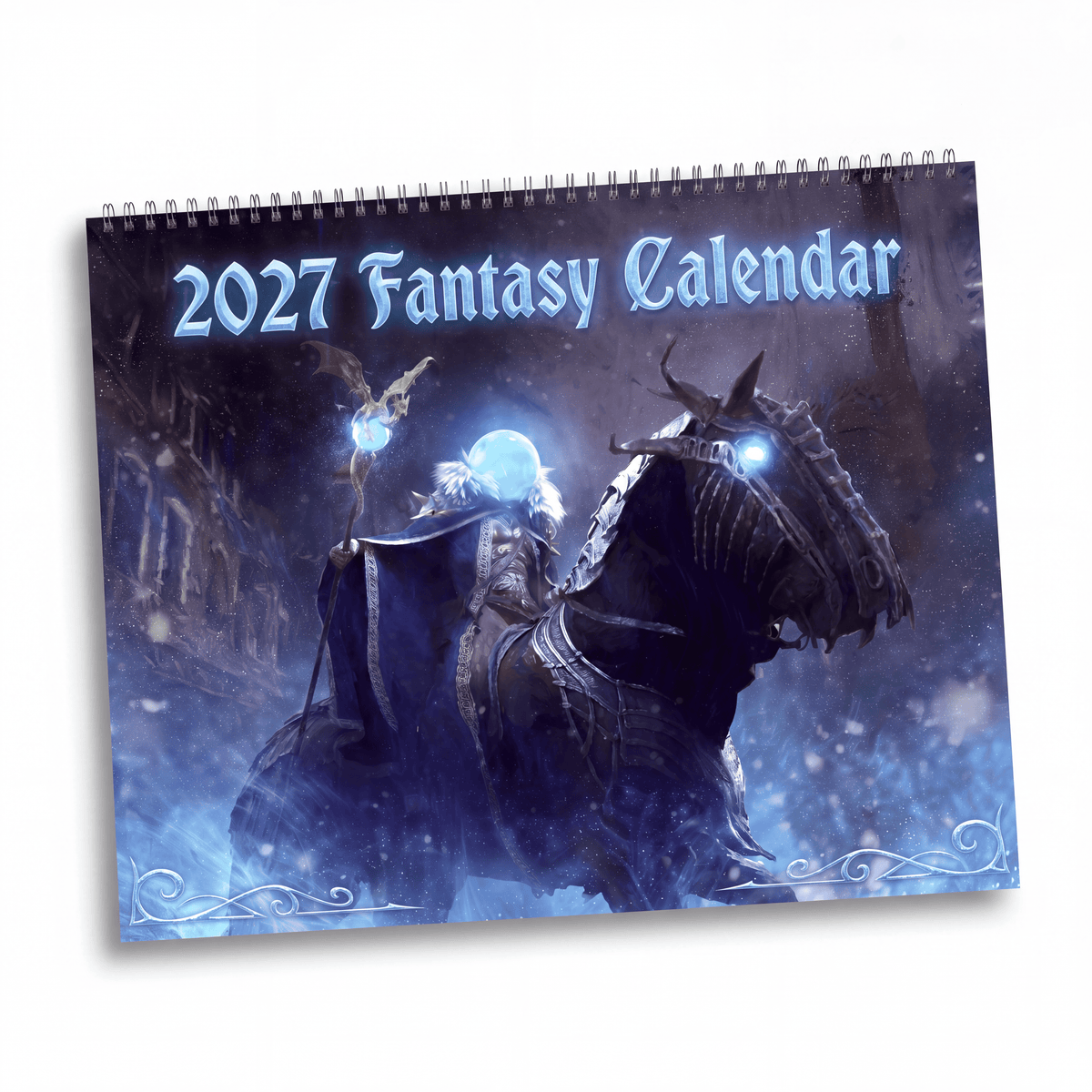 2027 fantasy art calendar featuring a dark armored rider on a spectral horse with glowing blue eyes in a snowy realm