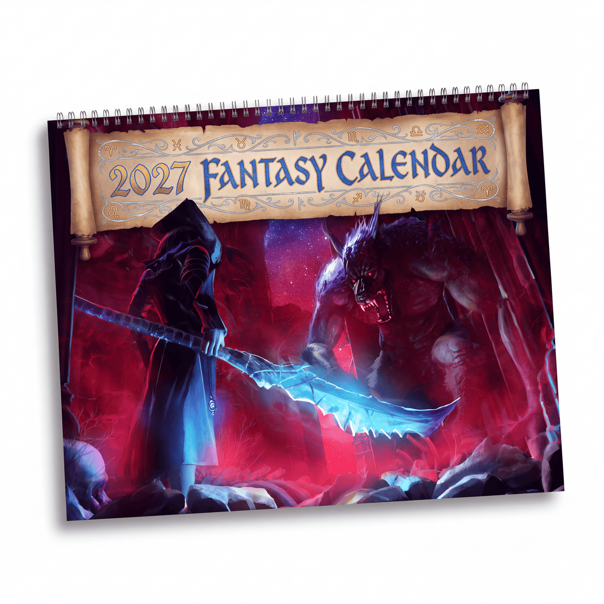 2027 fantasy character calendar featuring a dark scene of a cloaked figure with a glowing blue sword battling a monster