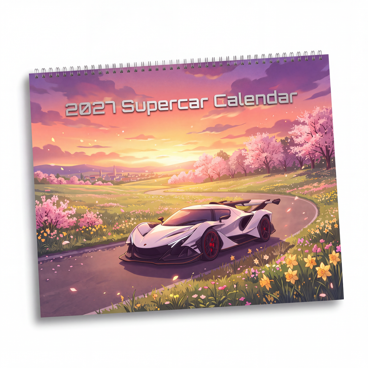 2027 supercar wall calendar featuring a white and black sports car speeding through a flower-filled countryside at sunset