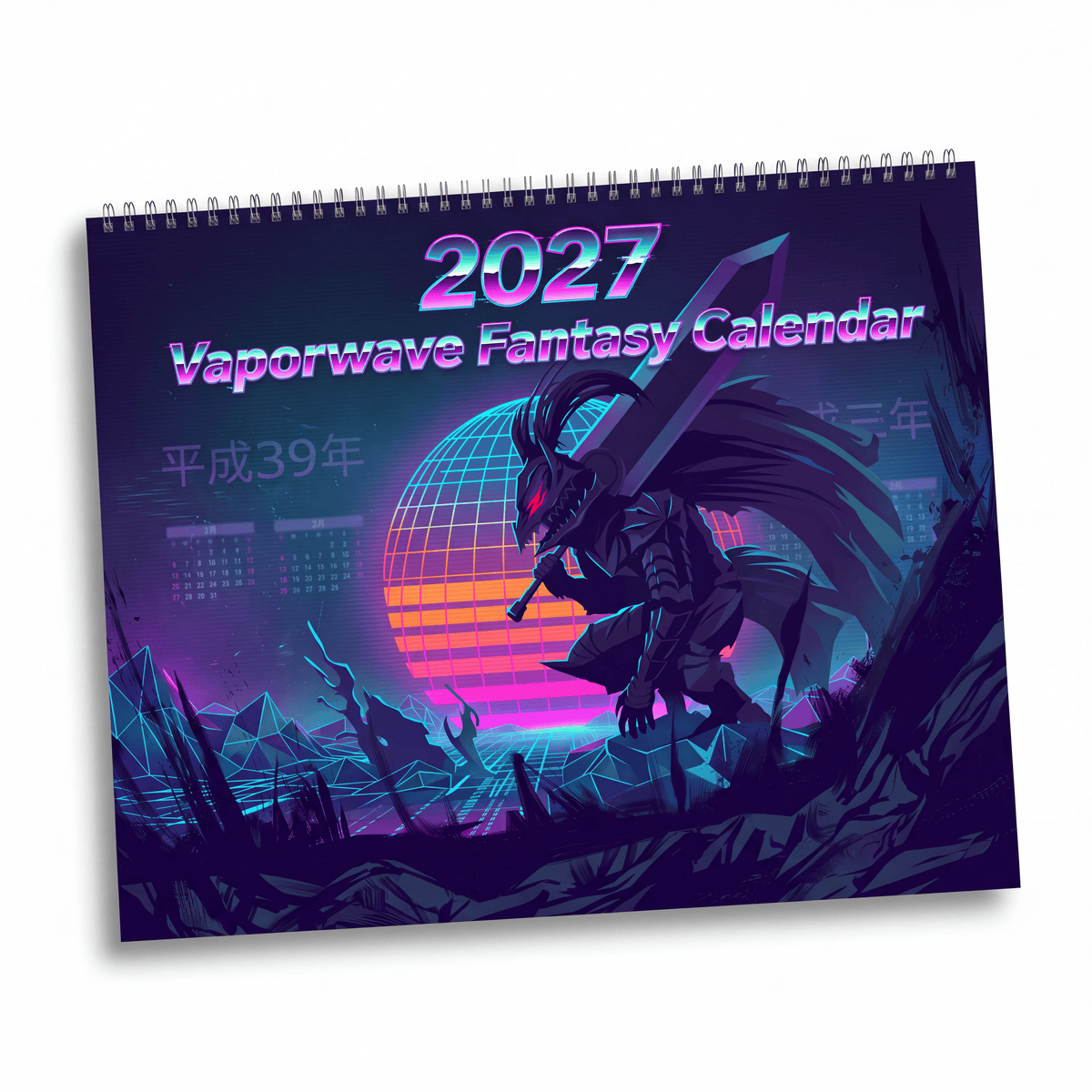 2027 retro futuristic fantasy wall calendar featuring dark cyberpunk vaporwave neon pink and blue artwork