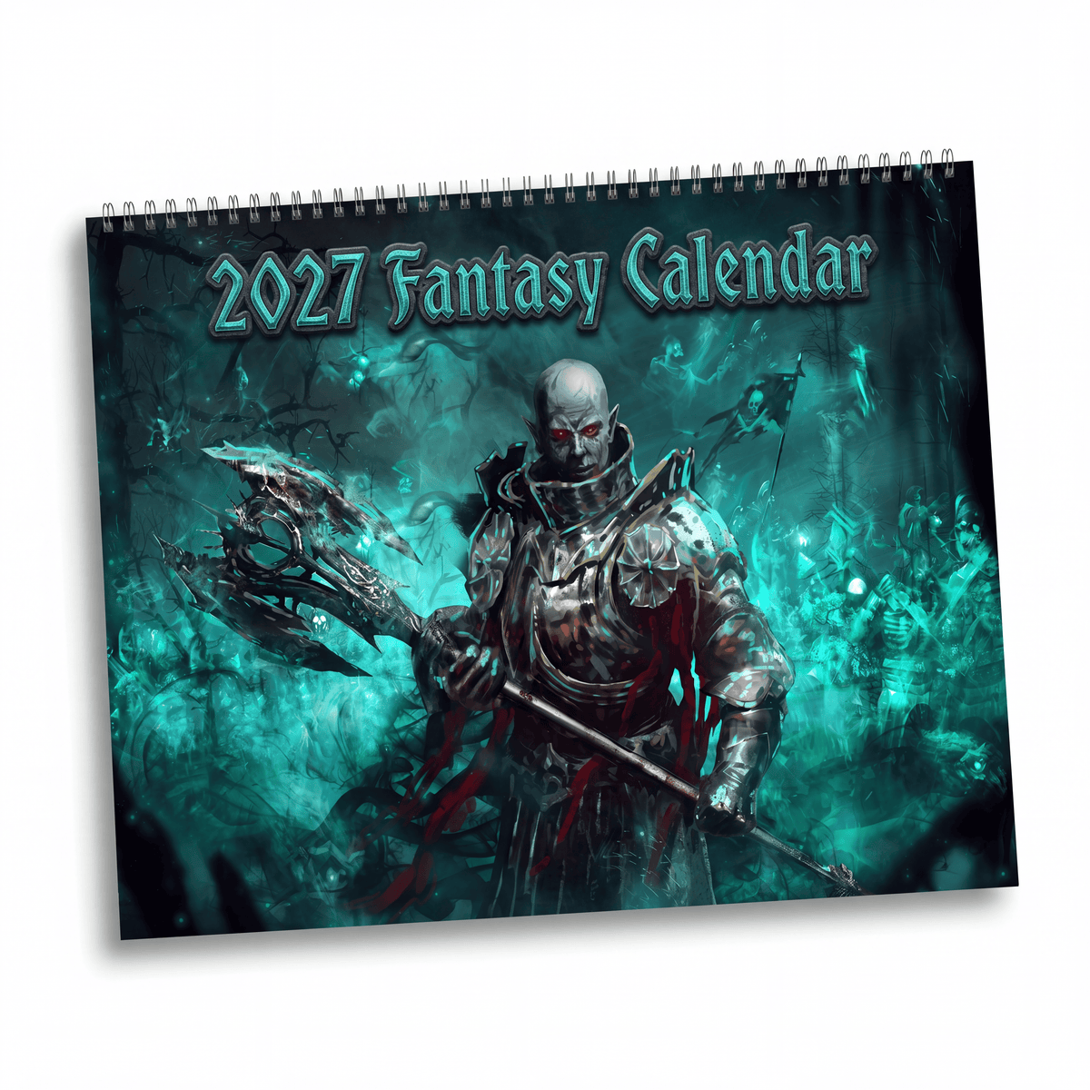 2027 fantasy wall calendar featuring a menacing armored warrior with glowing red eyes on a dark teal battlefield background