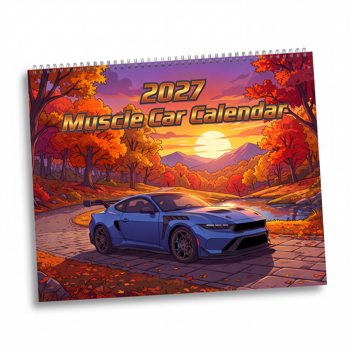 2027 American muscle car wall calendar featuring vibrant blue sports car illustration with autumn landscape background