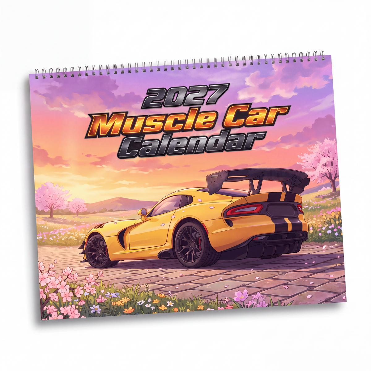 2027 american muscle car wall calendar featuring a vibrant yellow and black striped sports car illustration on cover