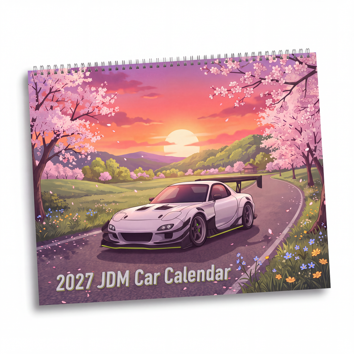 2027 jdm car wall calendar featuring a white sports car with black and yellow accents among cherry blossoms at sunset