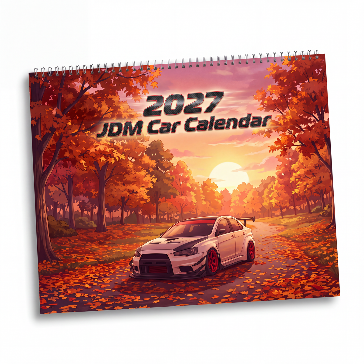 2027 jdm car wall calendar featuring a white rally sports car with red accents driving through autumn forest at sunset