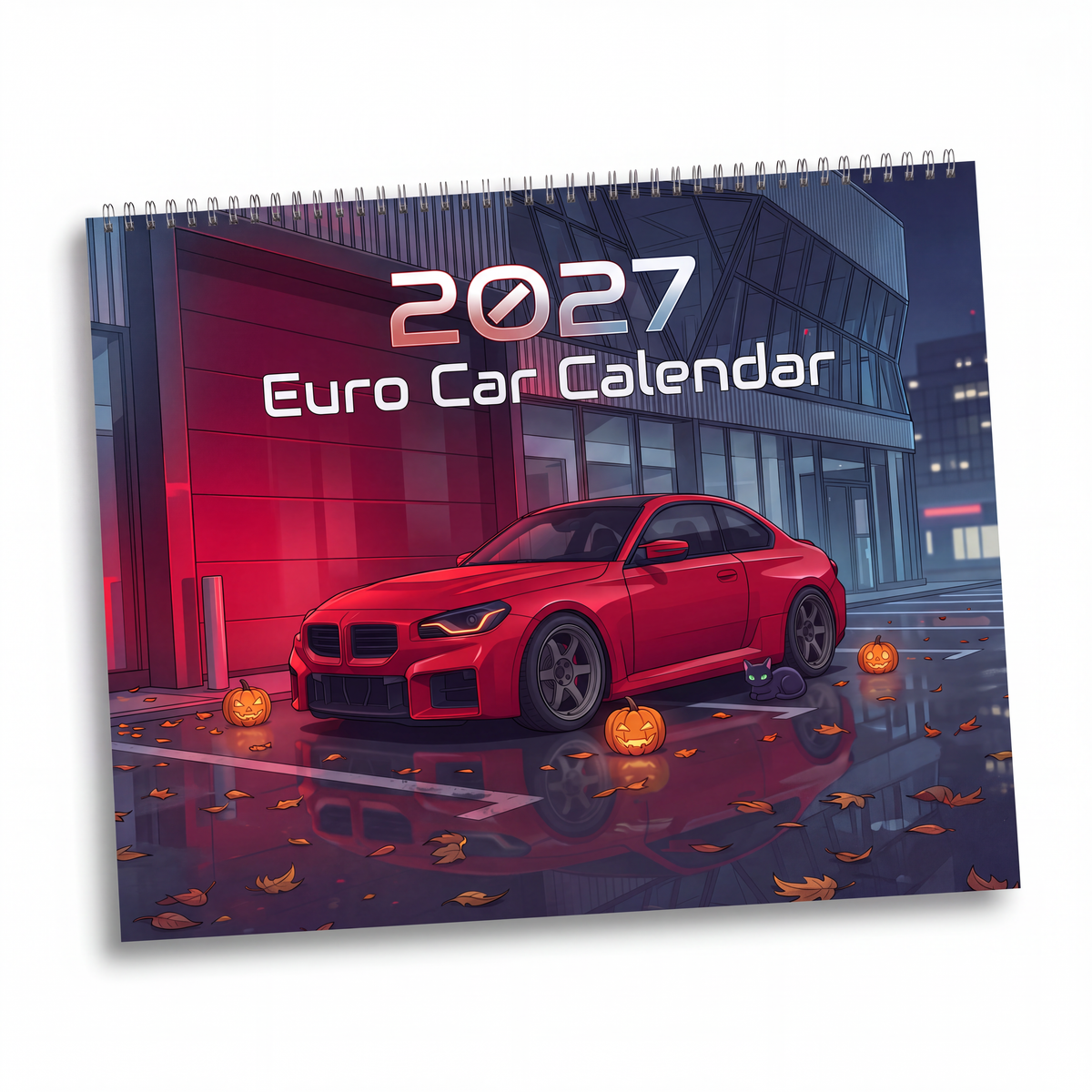 2027 european performance car wall calendar featuring a glossy red bmw euro car with halloween pumpkins and autumn leaves