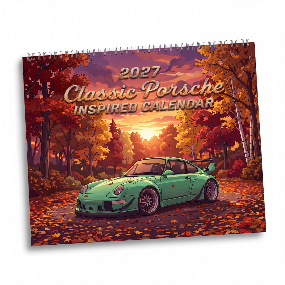 2027 classic porsche-inspired car wall calendar featuring a vibrant mint green sports car in an autumn forest illustration