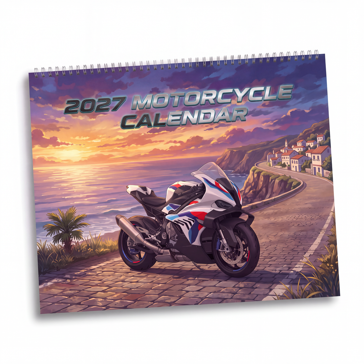 2027 sportbike motorcycle wall calendar featuring a white blue and red sport bike illustration with coastal sunset background