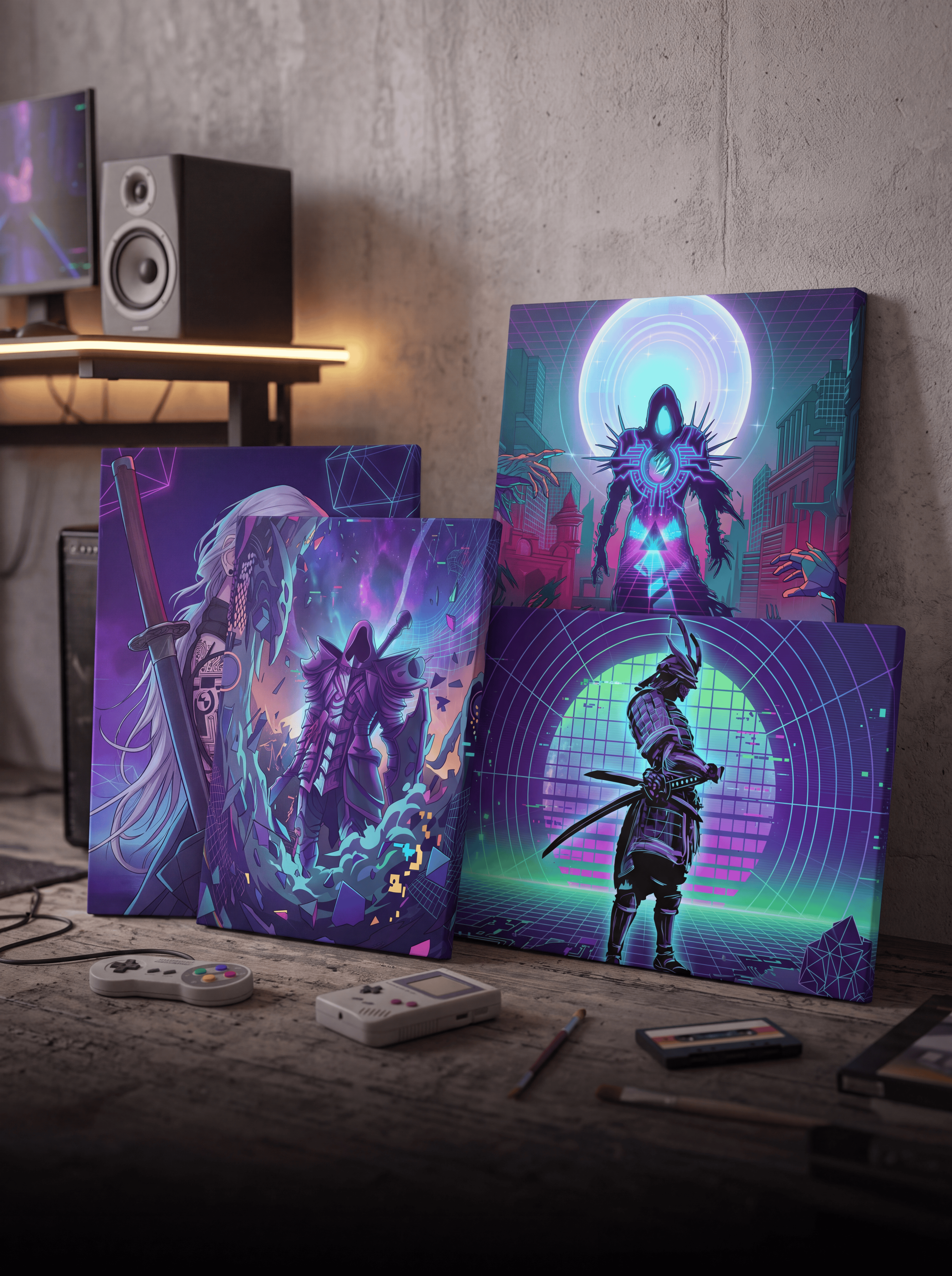 Three vibrant, neon-purple and cyan digital art canvases featuring cyberpunk samurai and fantasy characters.