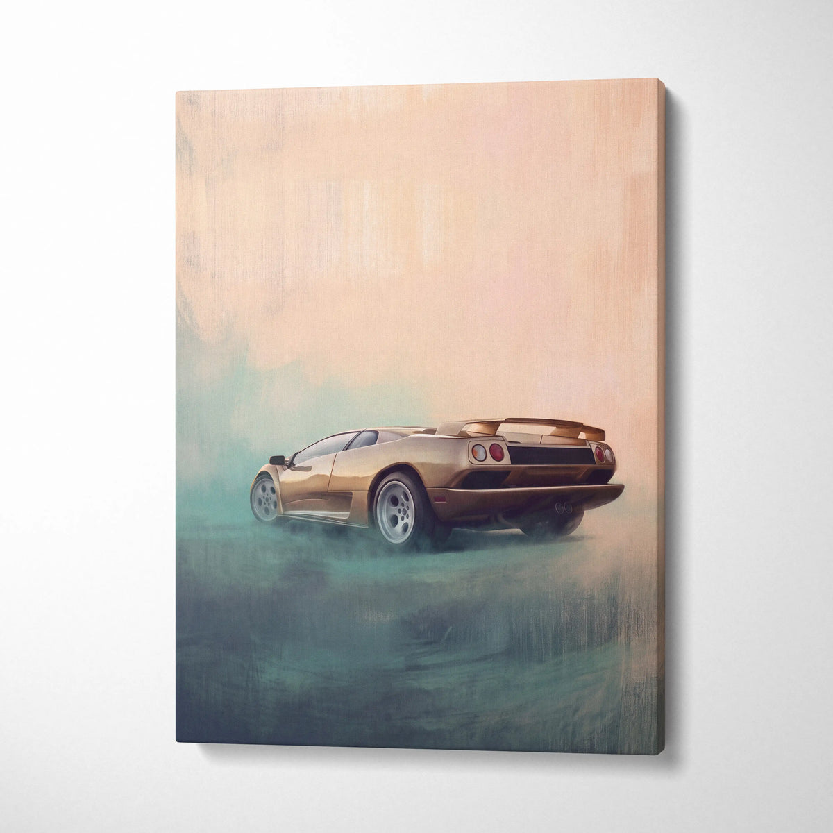 Golden Lamborghini Diablo inspired automotive wall art canvas print showing the car in motion on a misty background