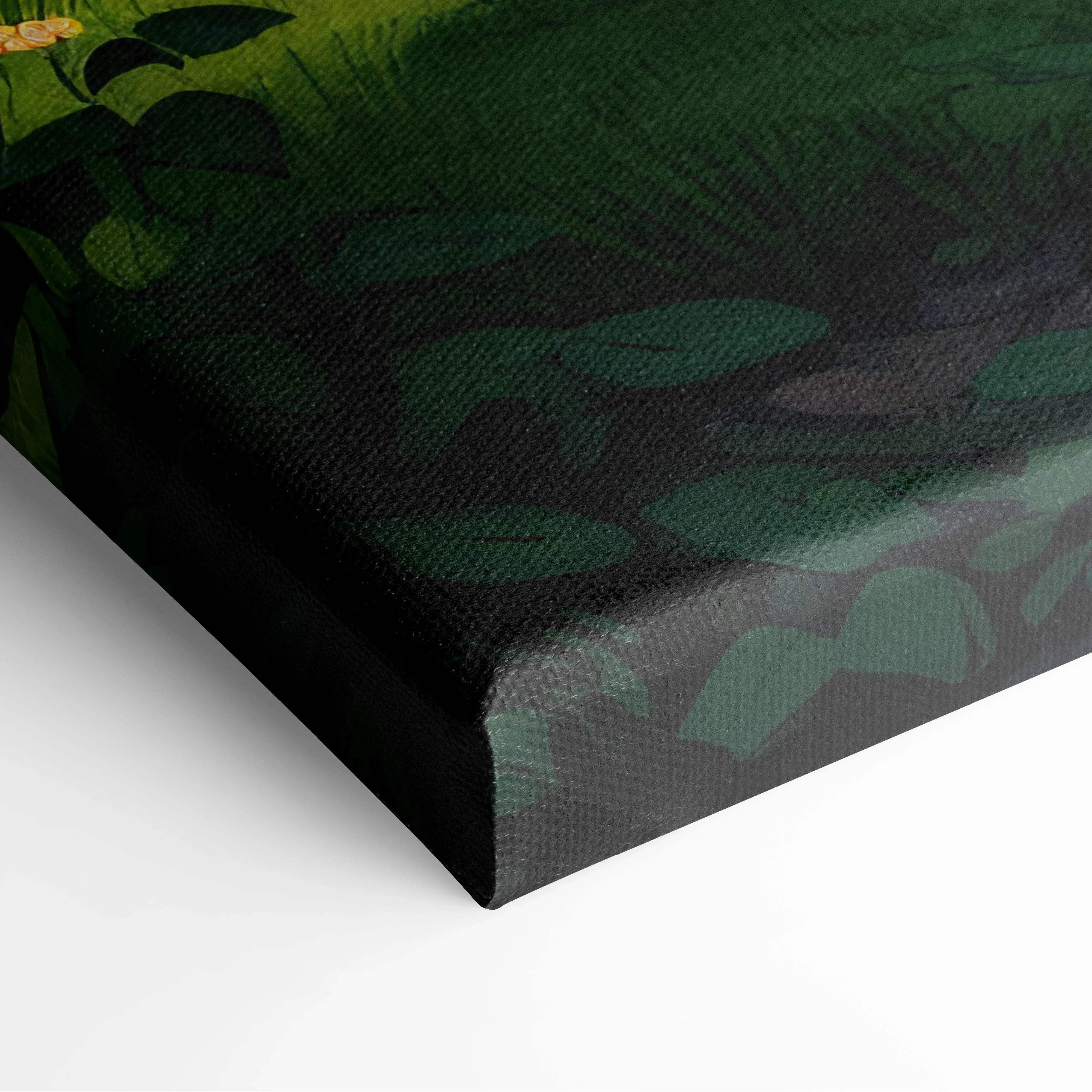 Canvas print featuring textured dark green and black botanical scene with yellow accents for living room wall art