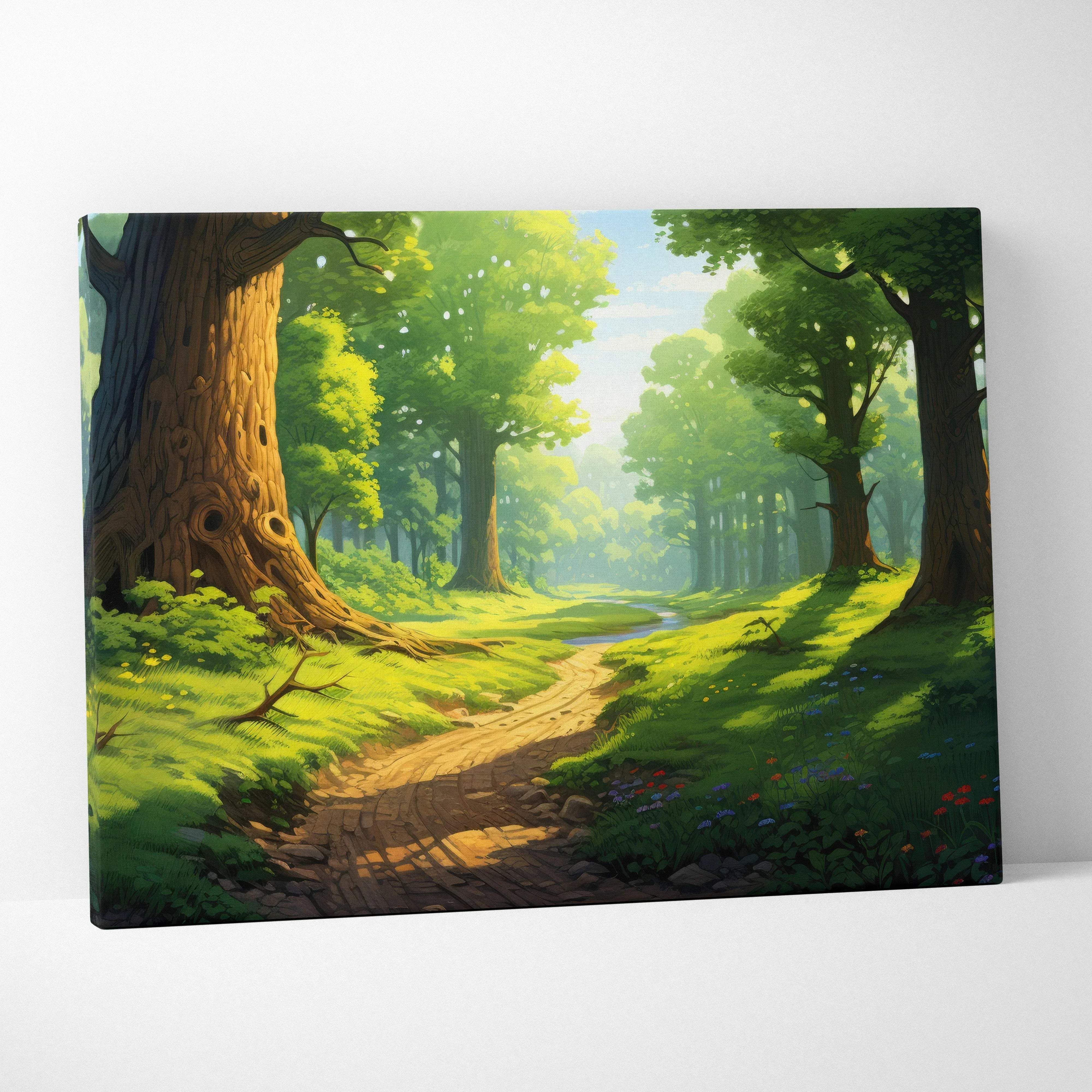 Cartoon forest pathway canvas wall art featuring a vibrant winding dirt path through lush green trees in natural wood frame