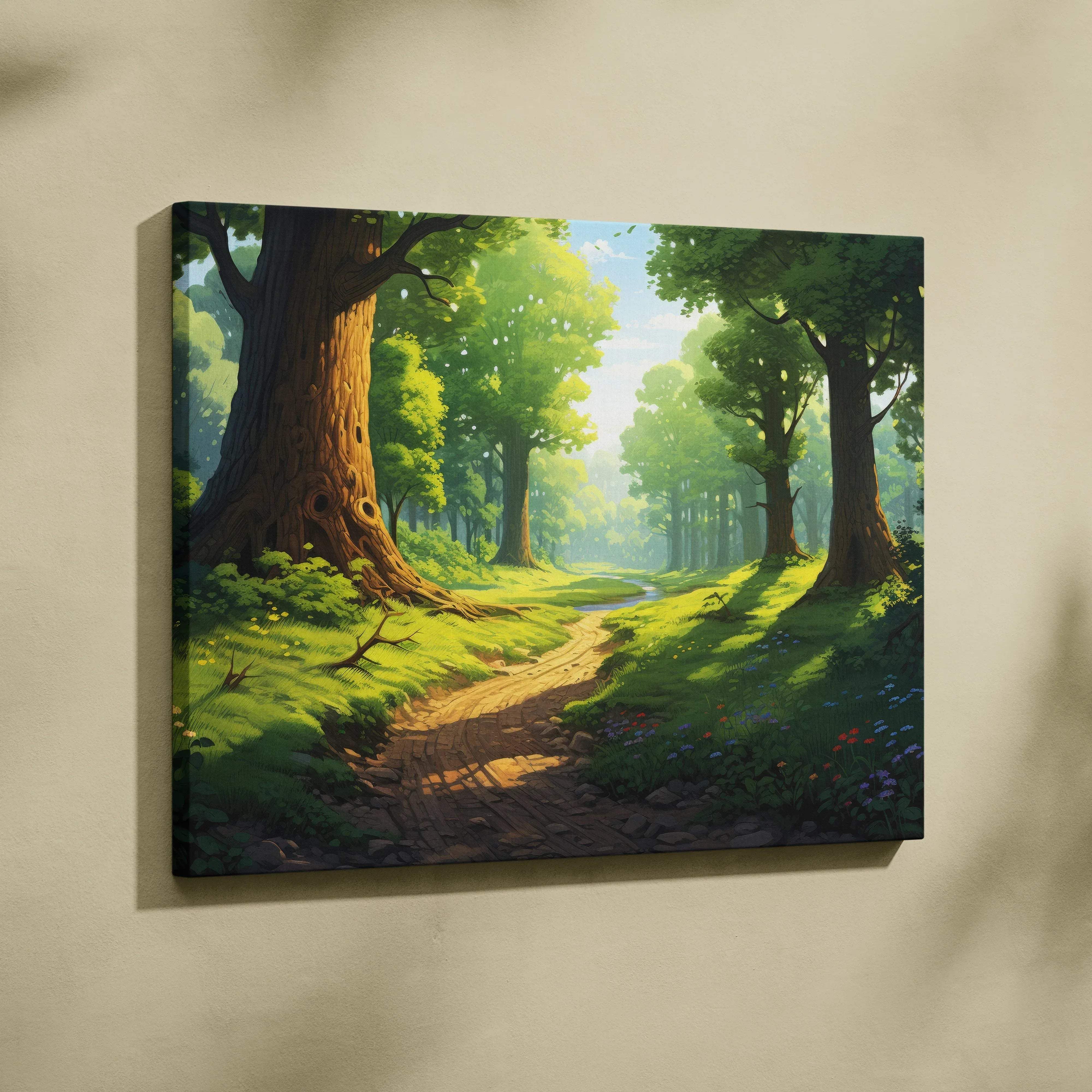 A rectangular canvas wall art featuring a sunlit cartoon forest pathway with lush green trees for living room decor