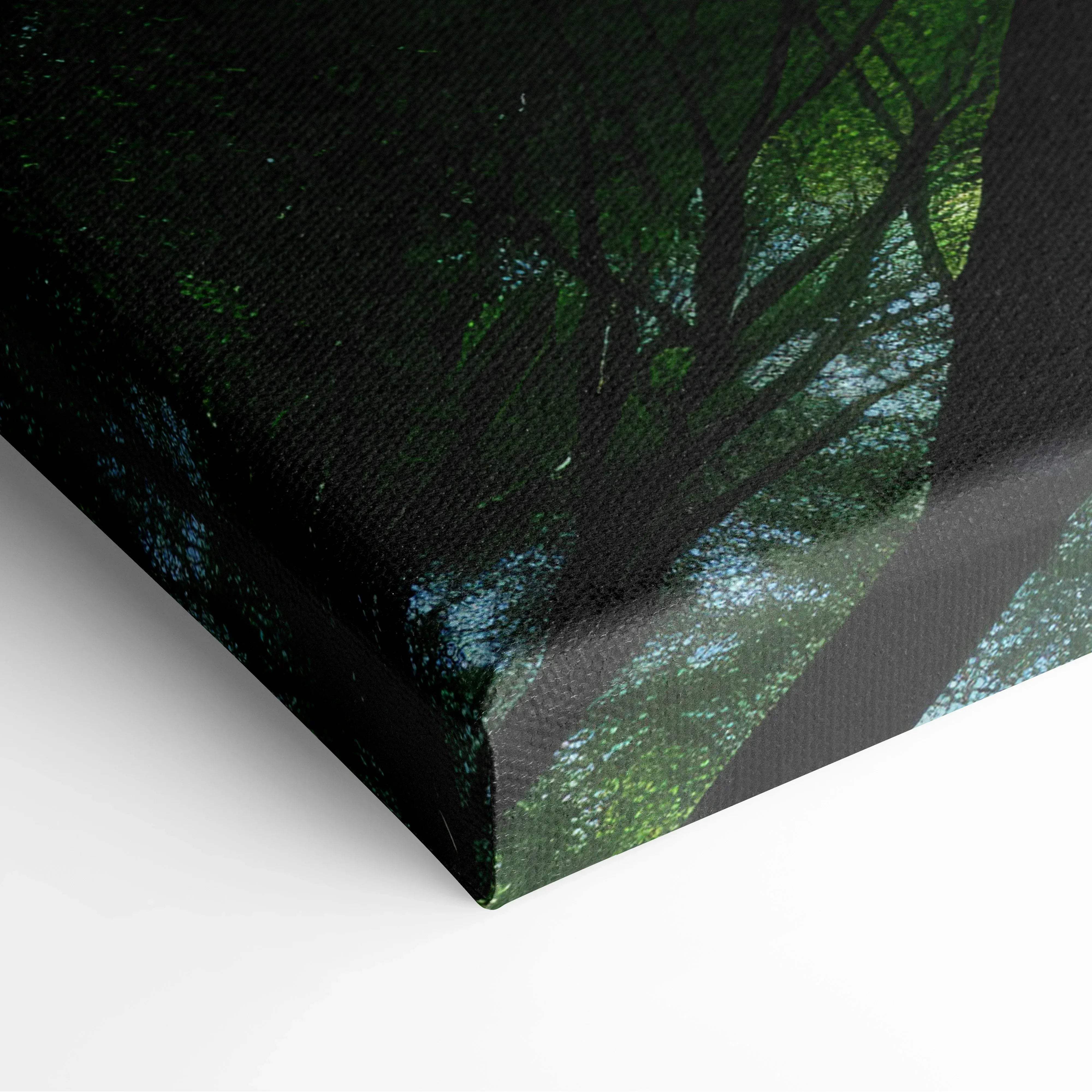 Forest canopy view canvas wall art showing green treetops and blue sky through branches with dark textured surface