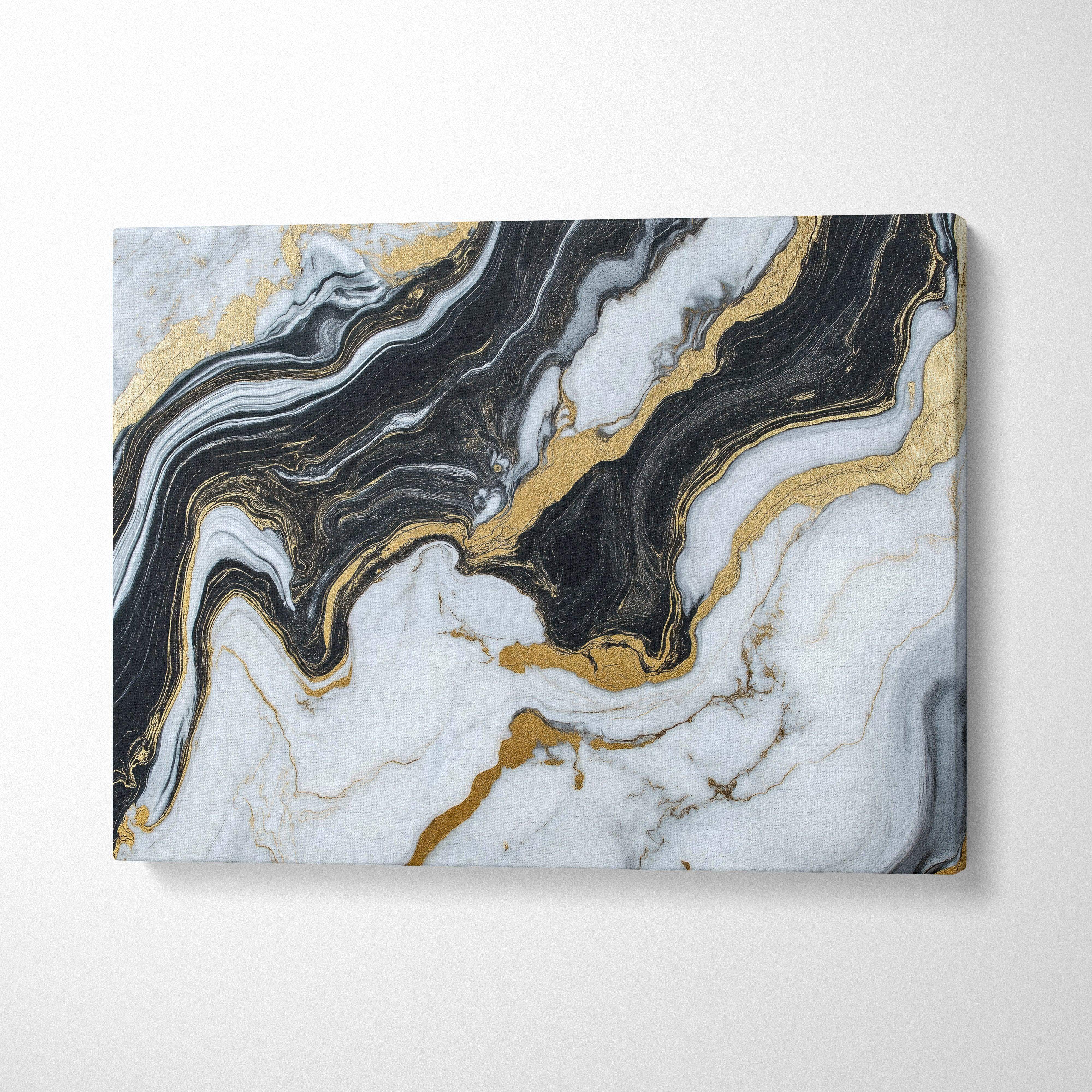 Abstract modern canvas wall art with black, white, and gold marbled design on canvas.