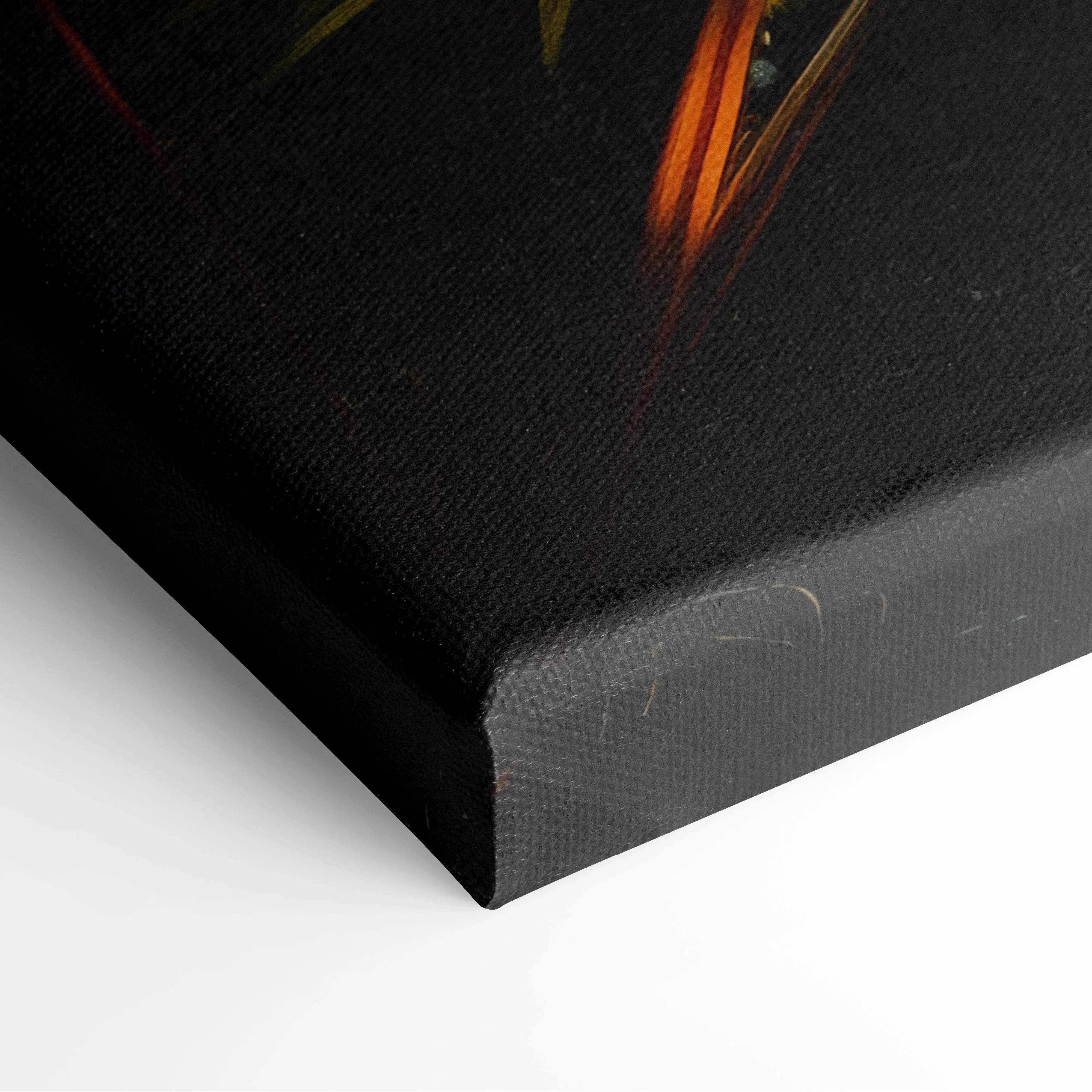 Black canvas print with textured surface featuring vibrant orange and yellow abstract design for warm serene decor