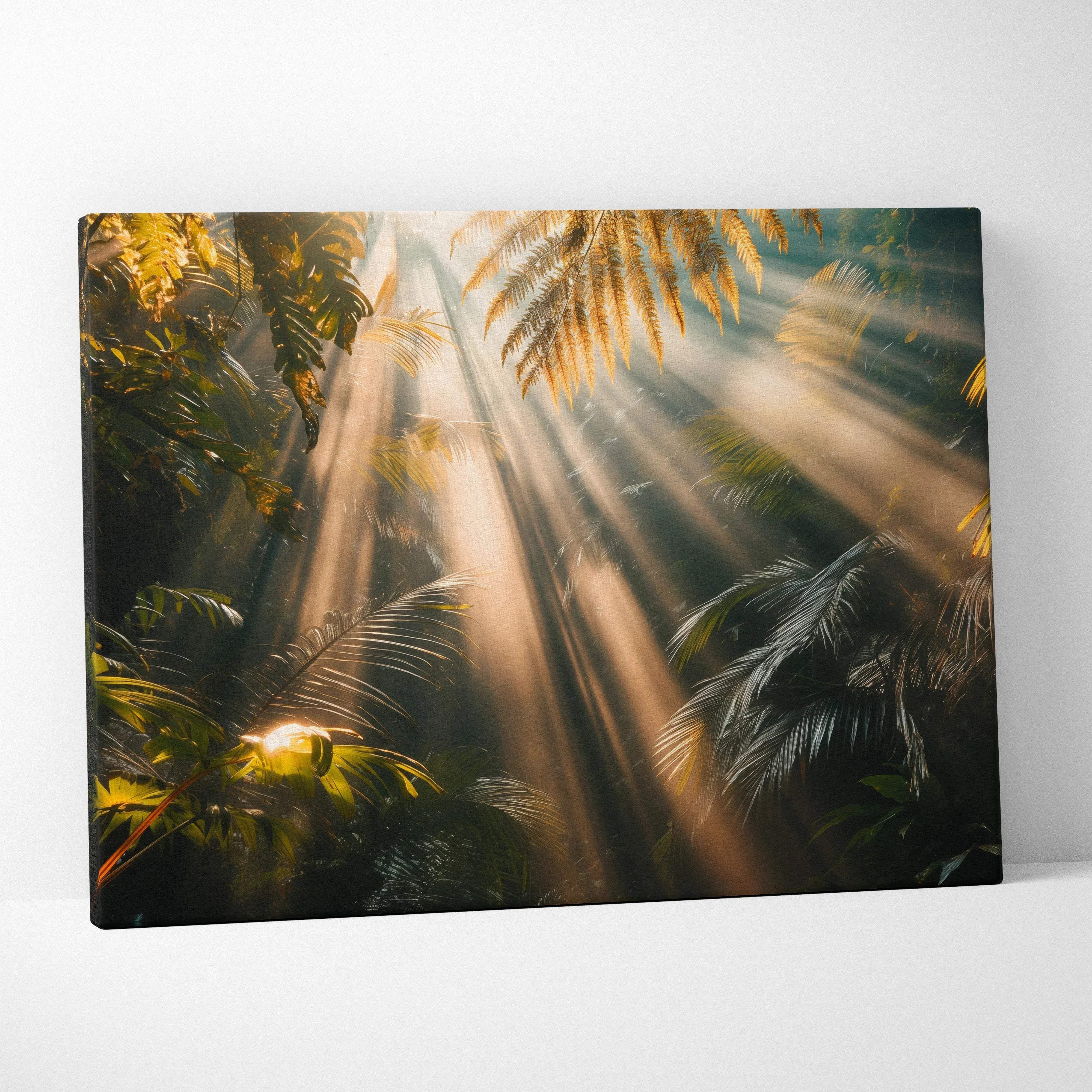A rectangular premium giclee canvas print of a sunlit tropical forest with green and yellow foliage for wall art