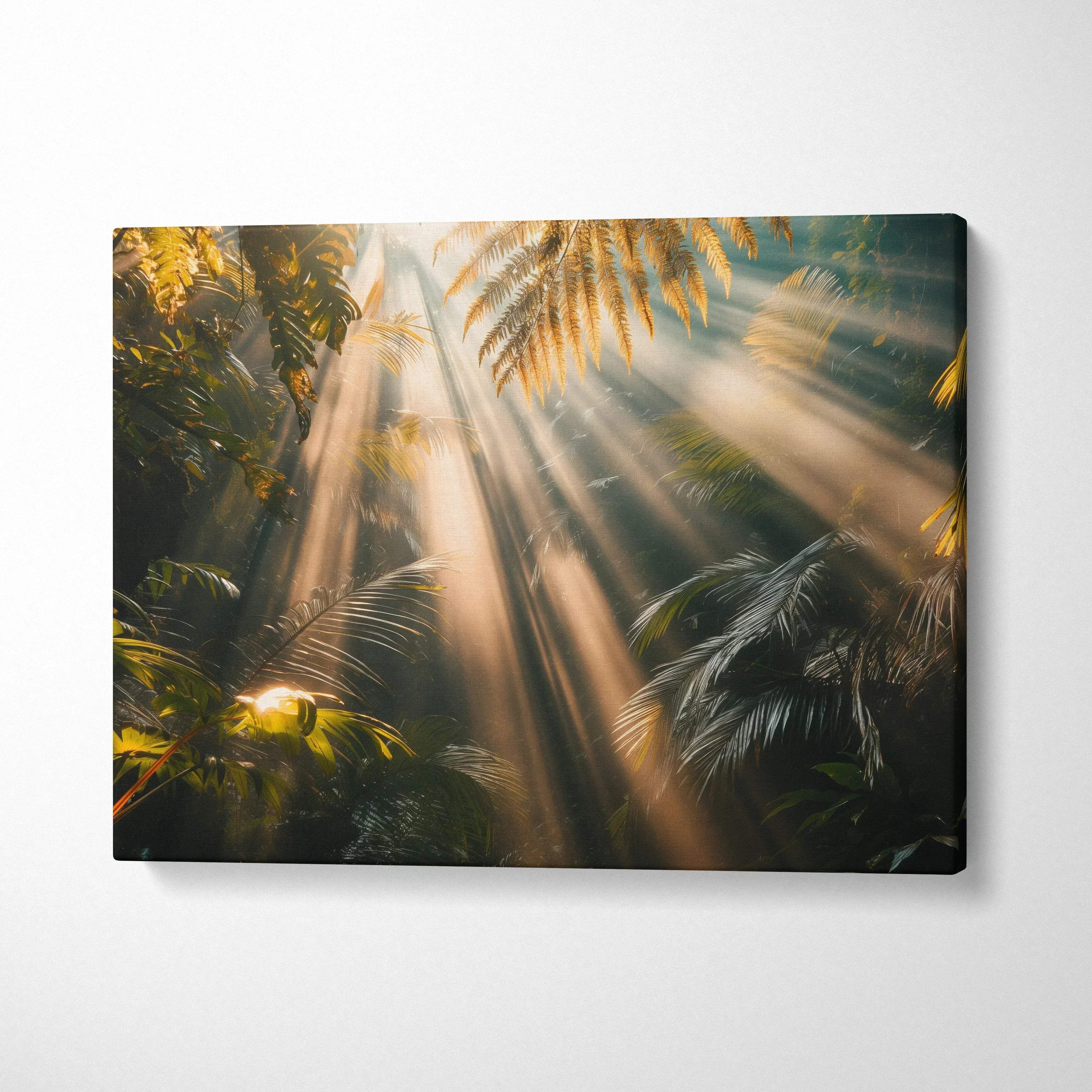 Forest scene canvas wall art with sunlight beams and lush tropical foliage decor.