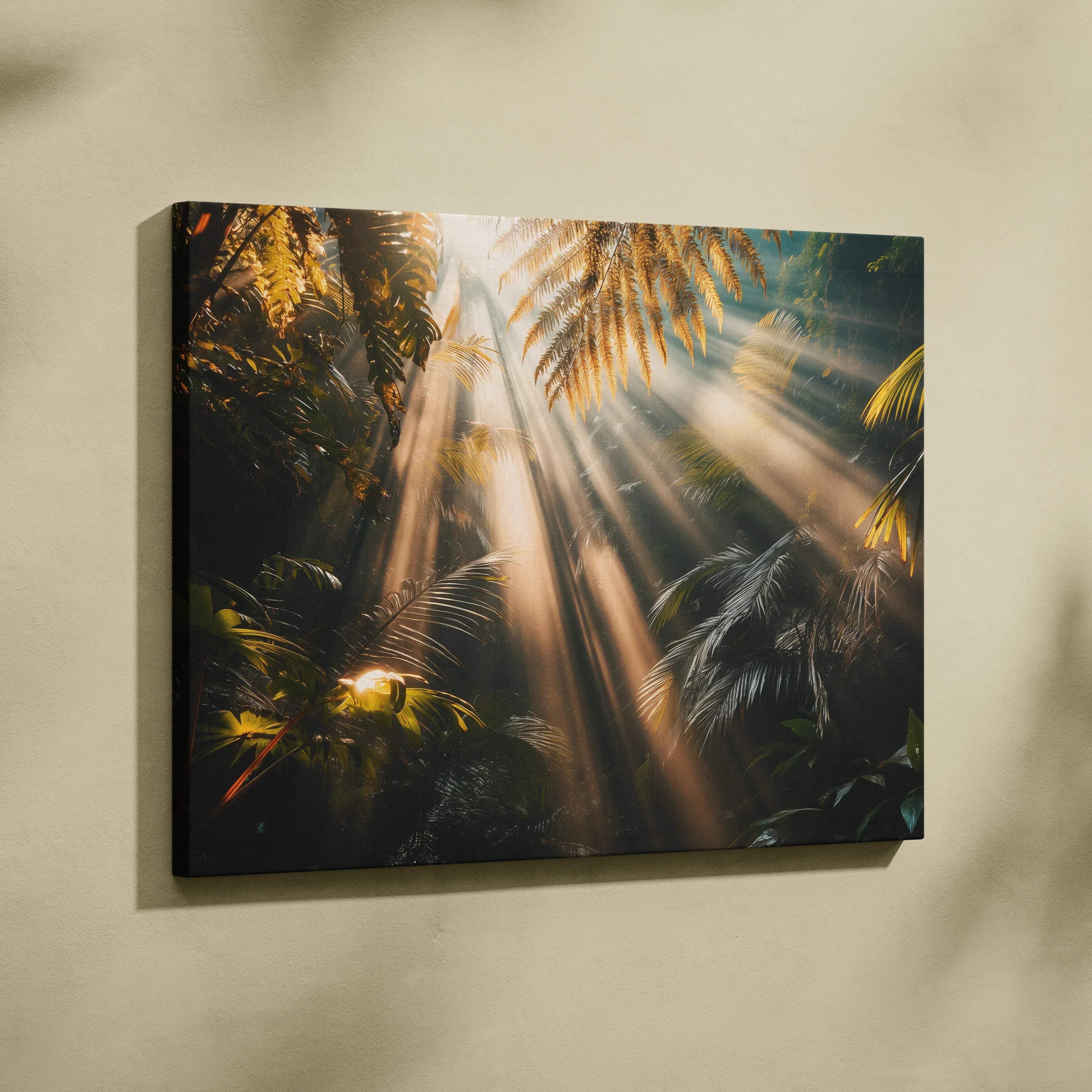 Canvas print of golden sunlight streaming through lush tropical ferns in a warm serene tropical forest scene