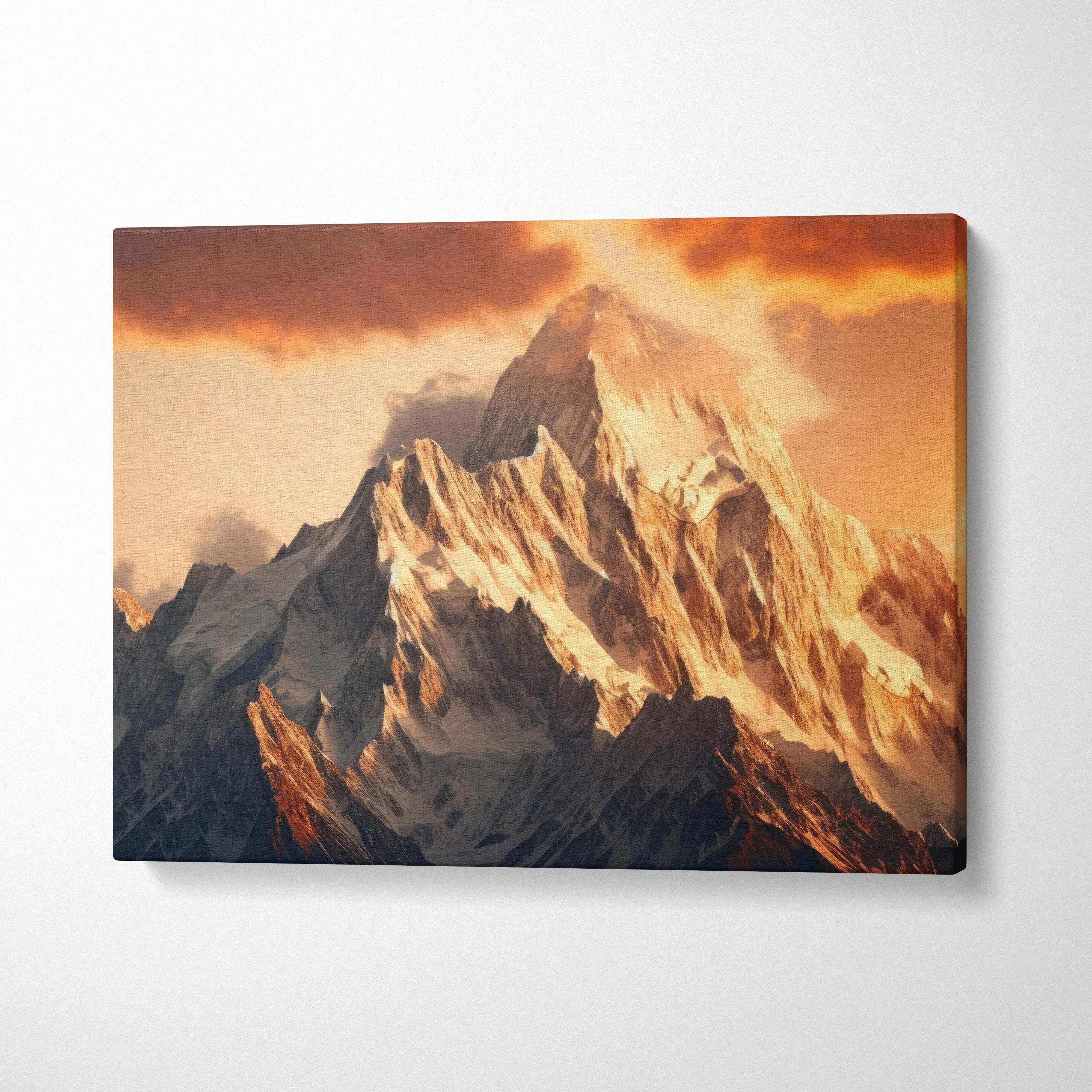 Canvas wall art of majestic snow-capped mountain at golden hour sunset