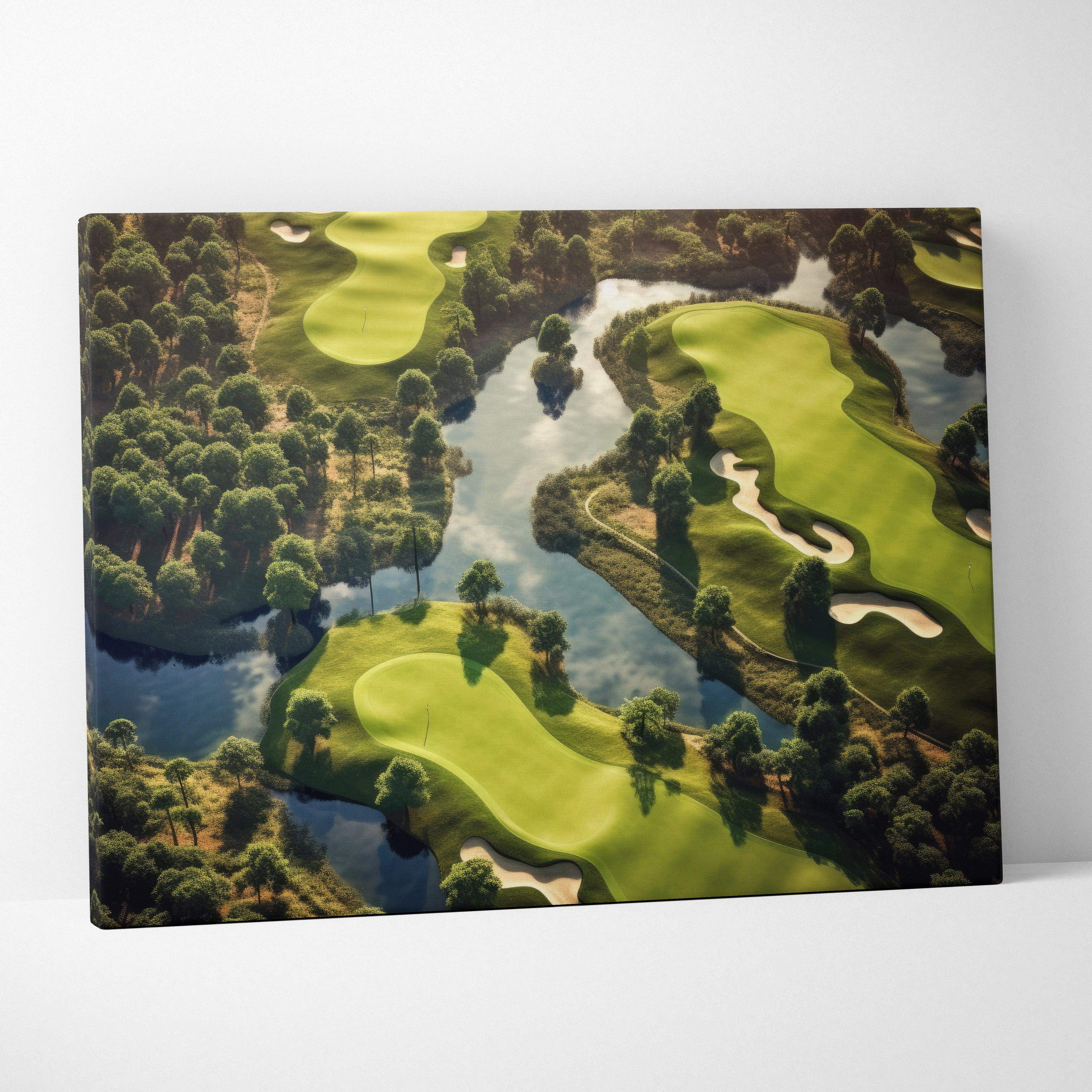 A rectangular canvas wall art featuring a vibrant aerial view of a lush green golf course with winding waterways