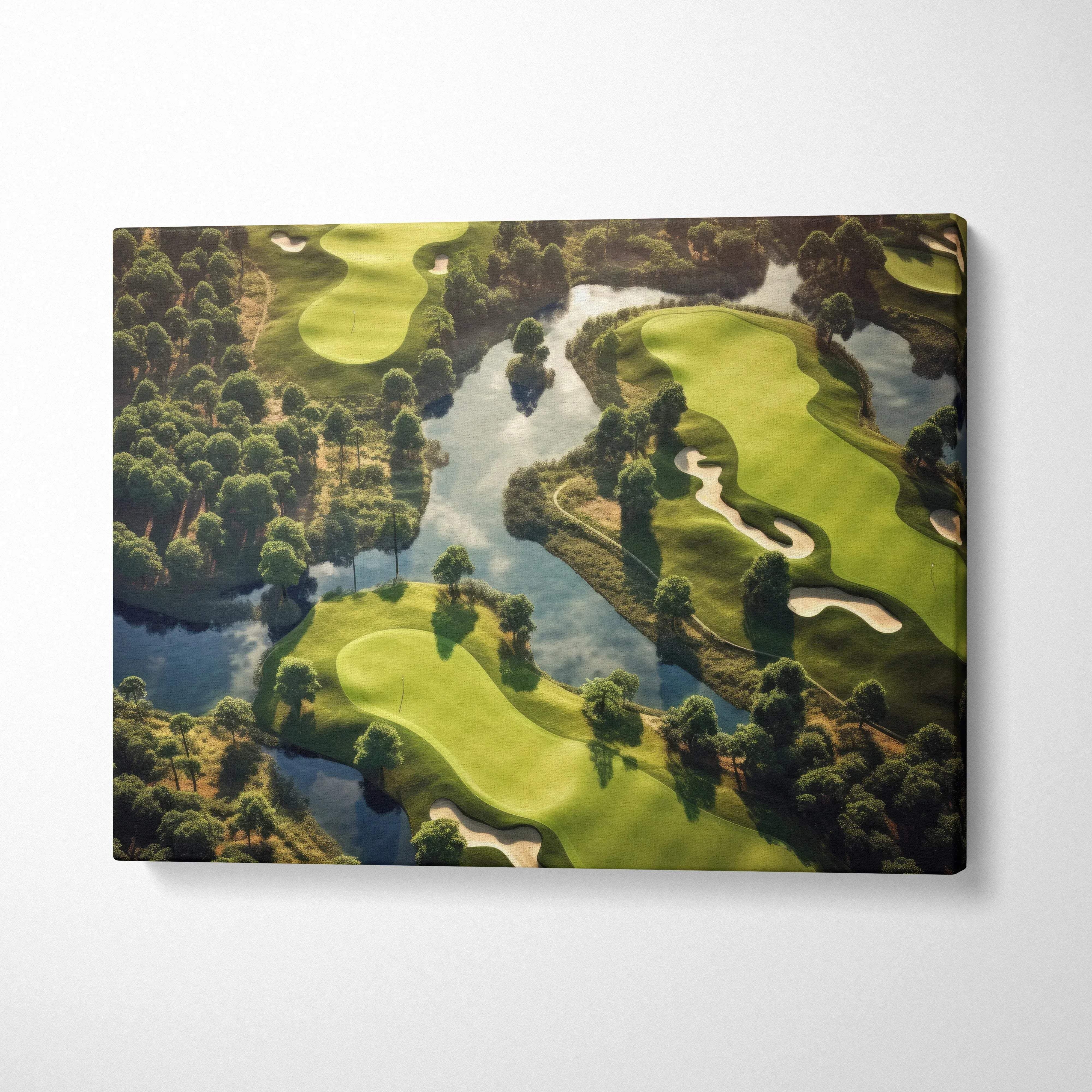 Aerial view canvas wall art of lush green forest and golf course landscape decor.
