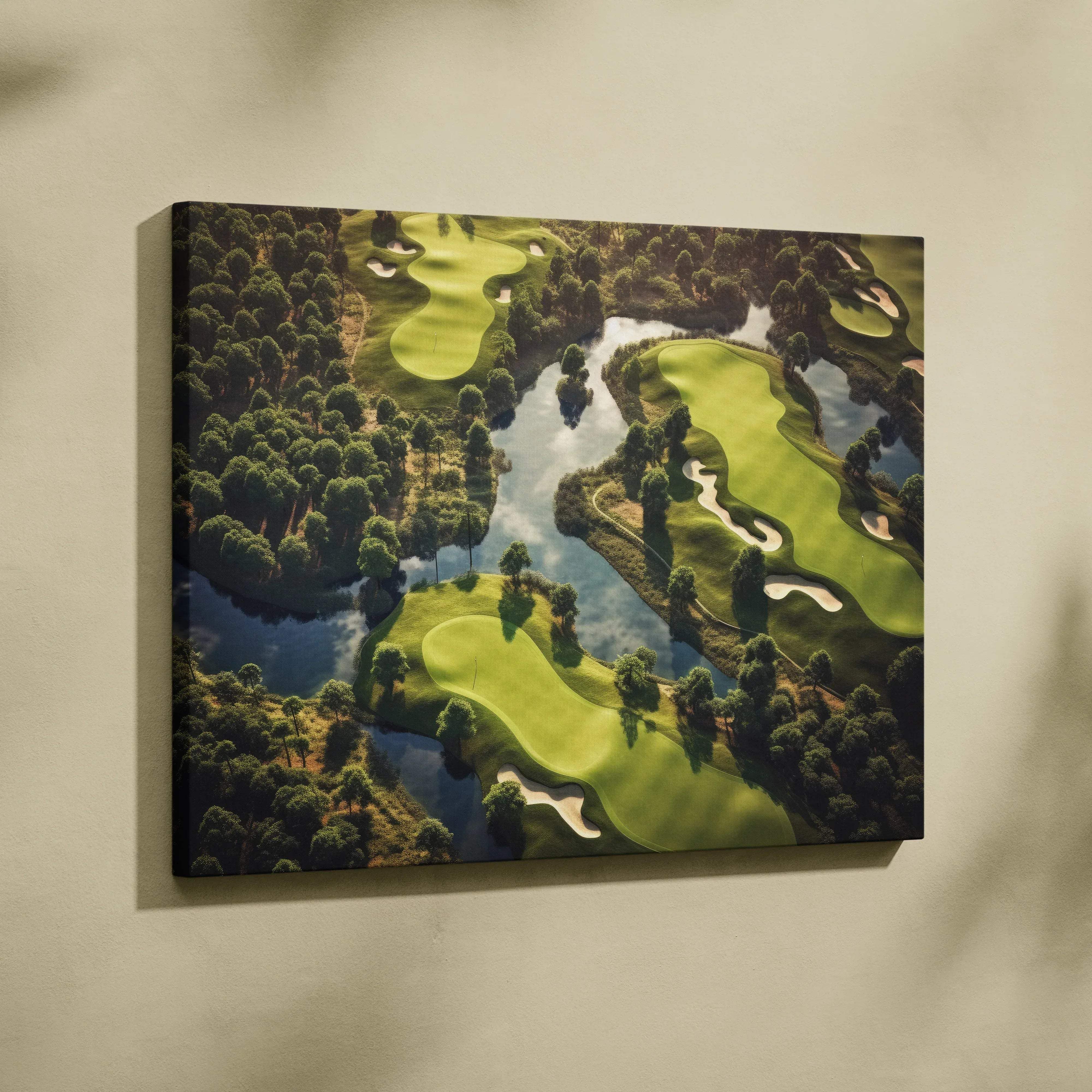 A rectangular canvas wall art featuring a vibrant aerial view of a lush green golf course with winding waterways