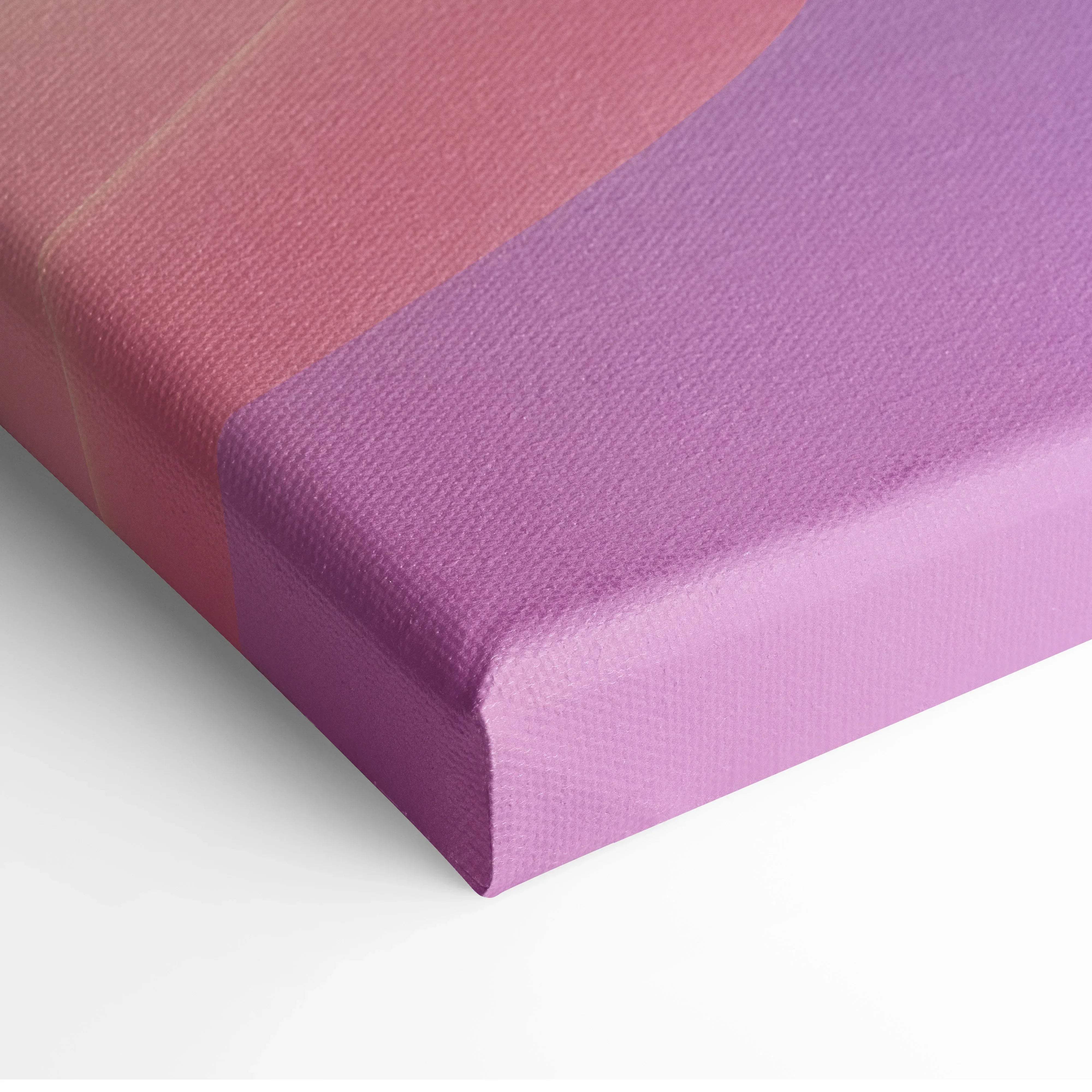 Textured canvas painting of minimalist desert dunes landscape with soft pink to vibrant purple gradient sunset colors