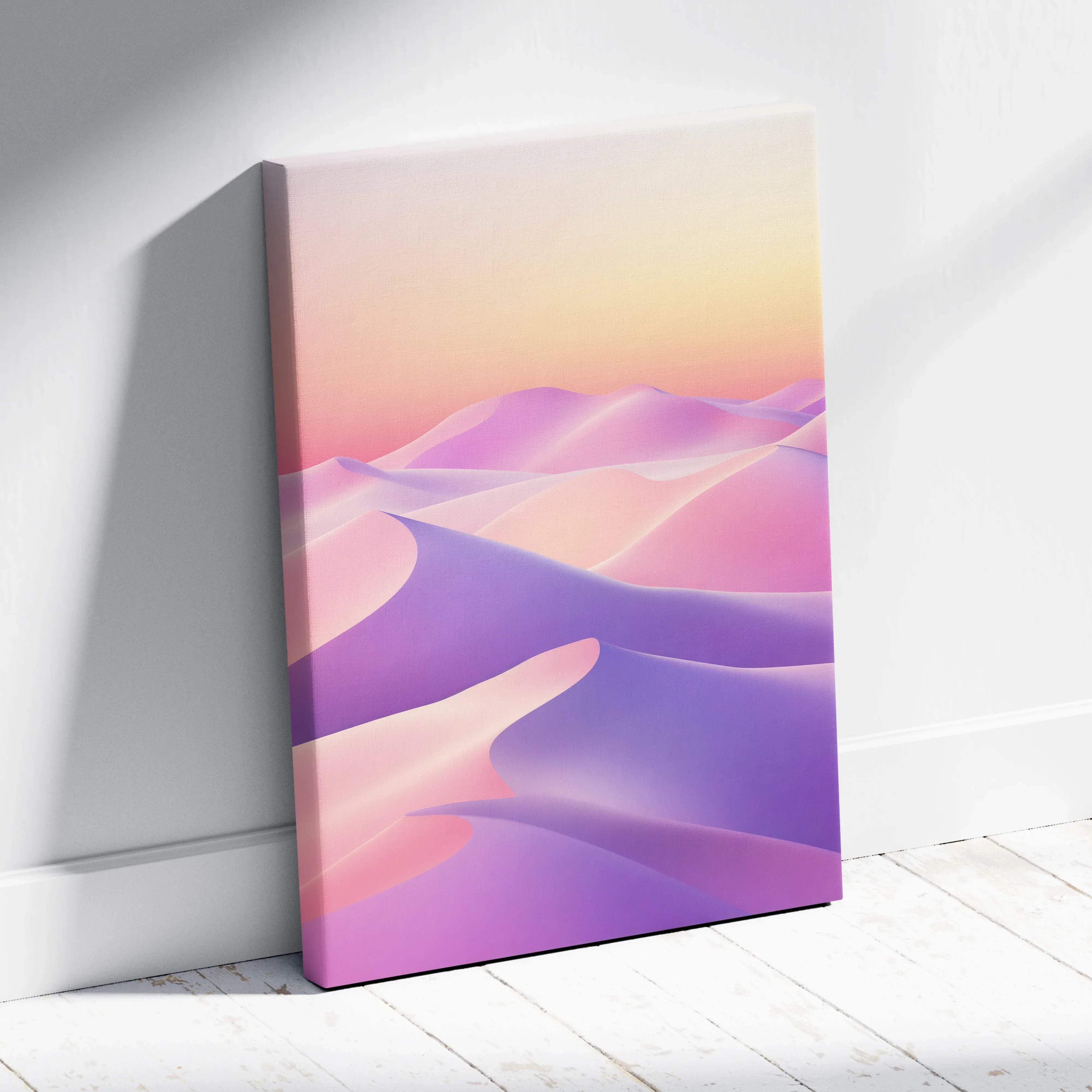 A vibrant minimalist desert dunes landscape canvas wall art with soft pink purple and orange sunset hues